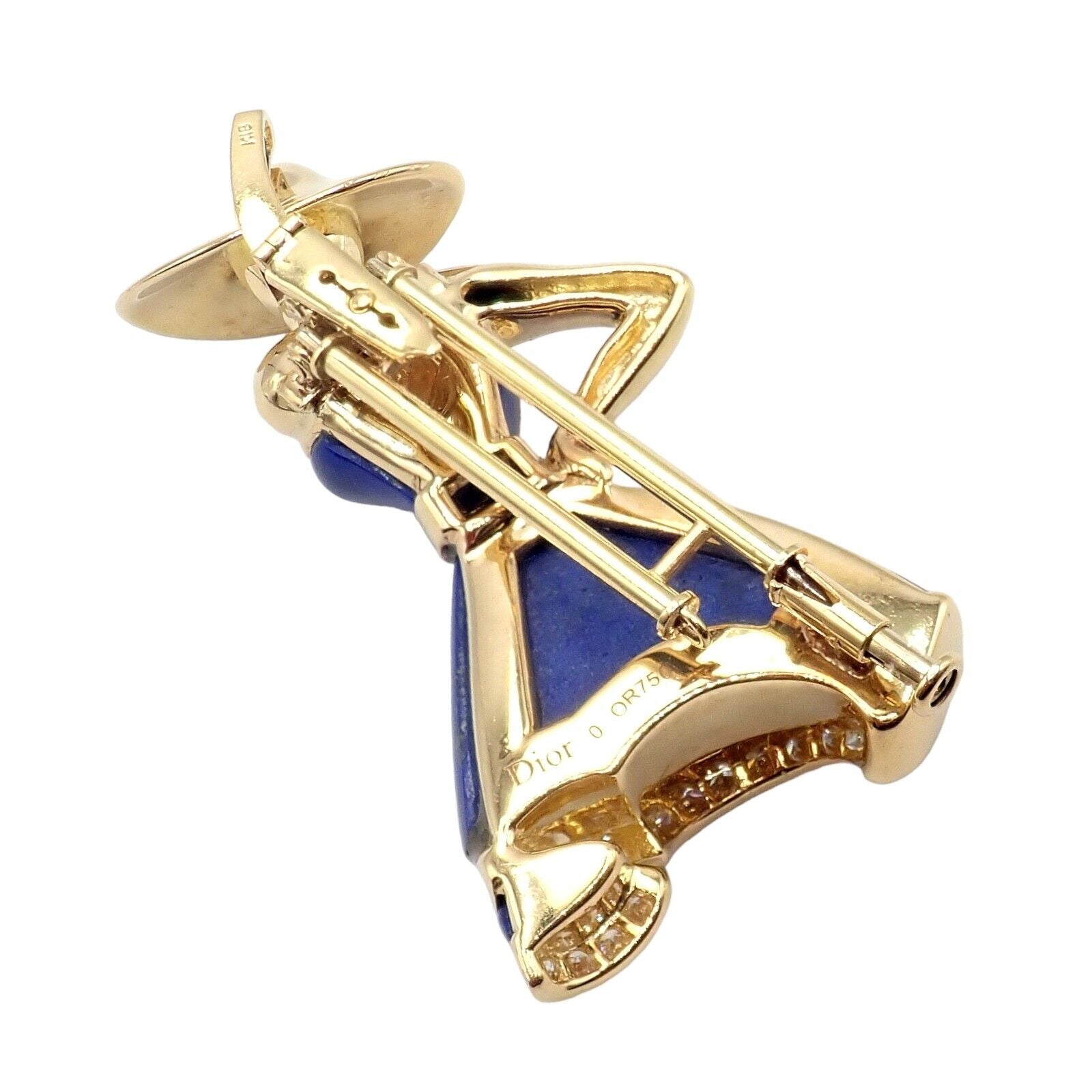 Authentic! Christian Dior 18k Yellow Gold Diamond Lapis Lady Dior Brooch Pendant | Fortrove