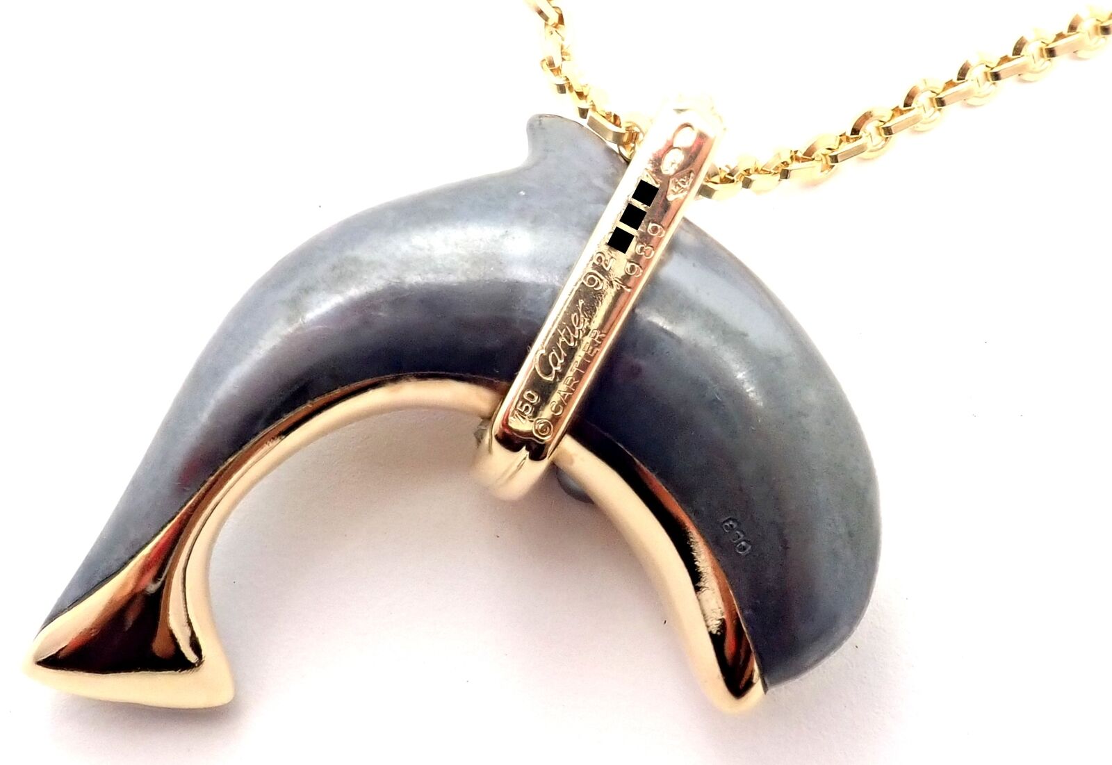 Rare! Authentic Cartier 18k Yellow Gold Hematite Dolphin Pendant Link Necklace | Fortrove