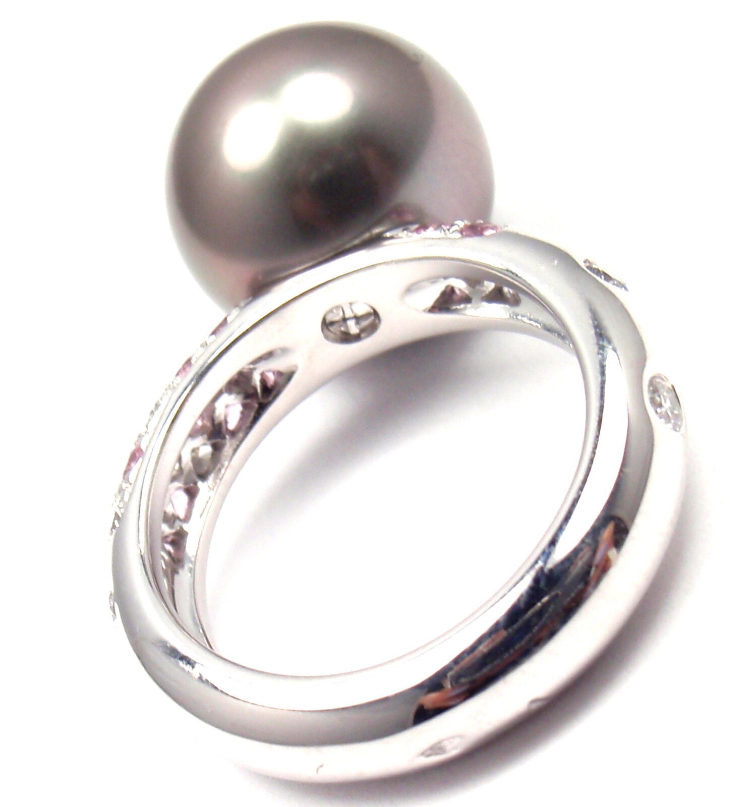 Authentic! Cartier 18K White Gold Tahitian Pearl Diamond Pink Sapphire Ring | Fortrove