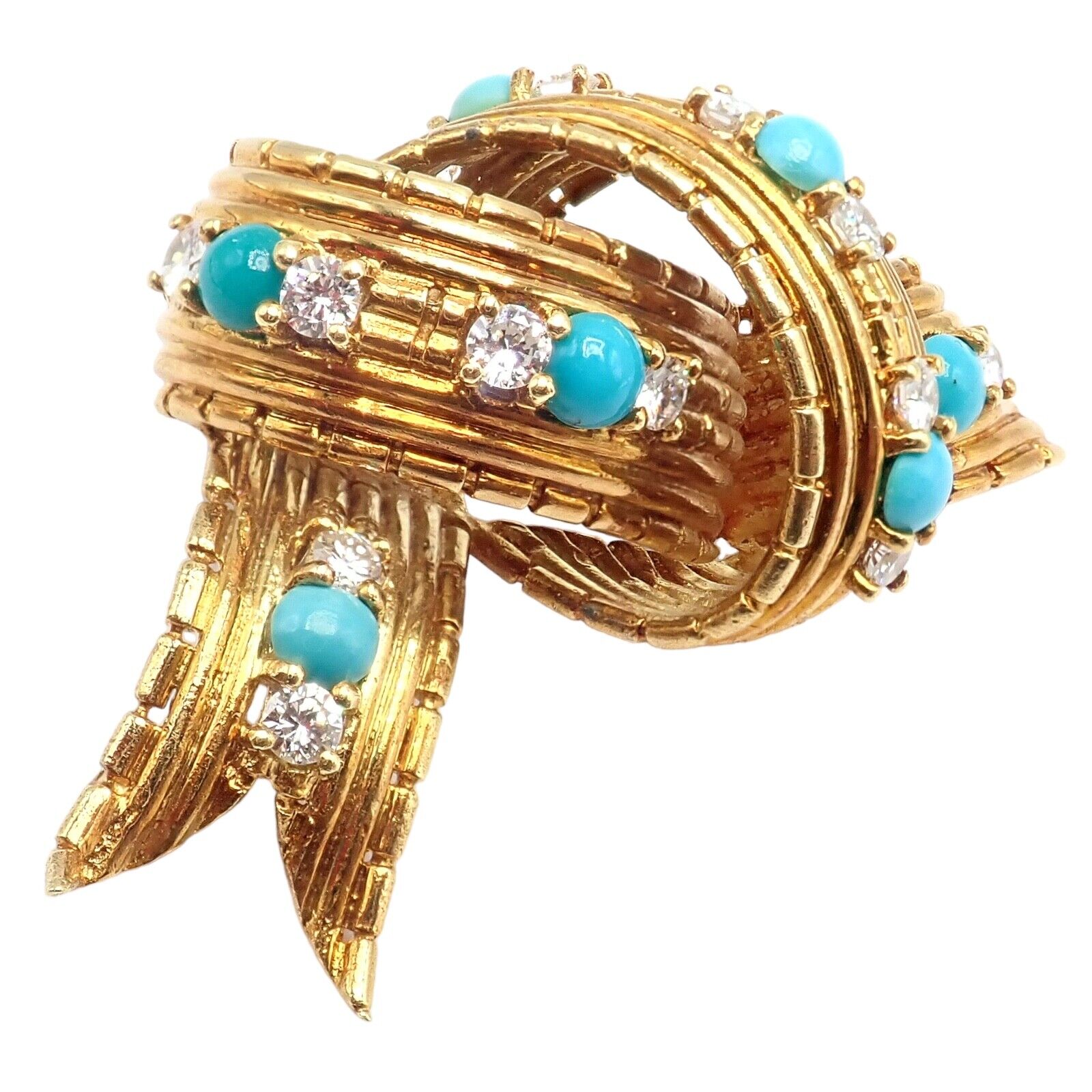 Vintage Tiffany & Co. 18k Yellow Gold Diamond Turquoise Bamboo Bow Pin Brooch | Fortrove