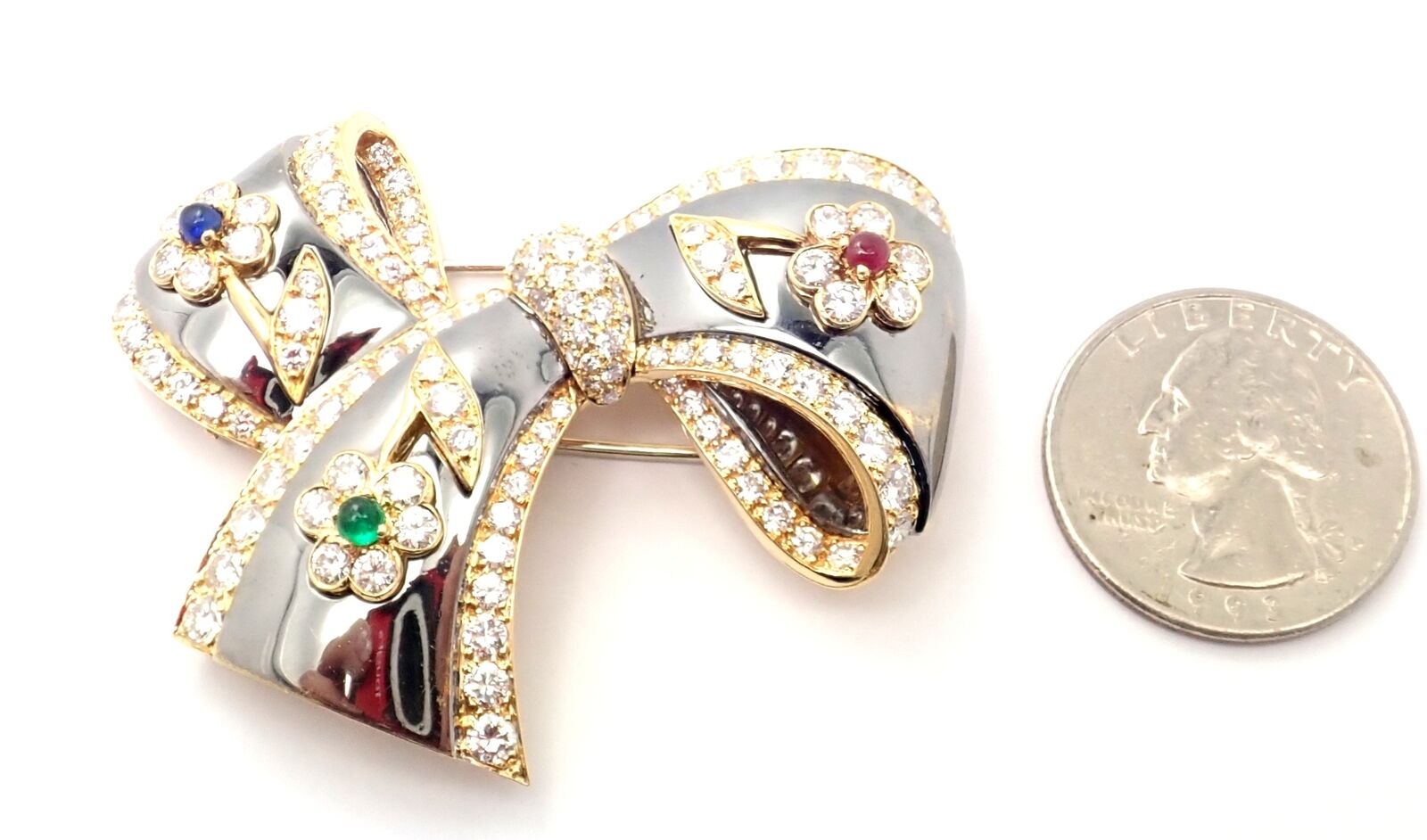 Rare Van Cleef & Arpels 18k Gold Diamond Ruby Emerald Sapphire Flower Pin Brooch | Fortrove