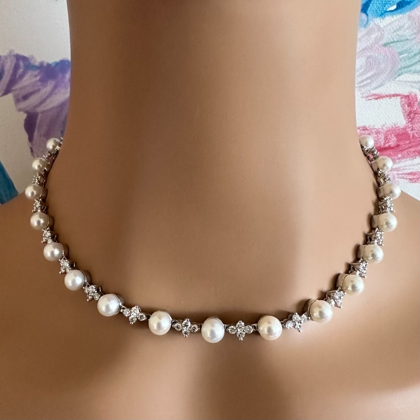 Authentic! Tiffany & Co Platinum Diamond 6.5mm Pearl Necklace | Fortrove