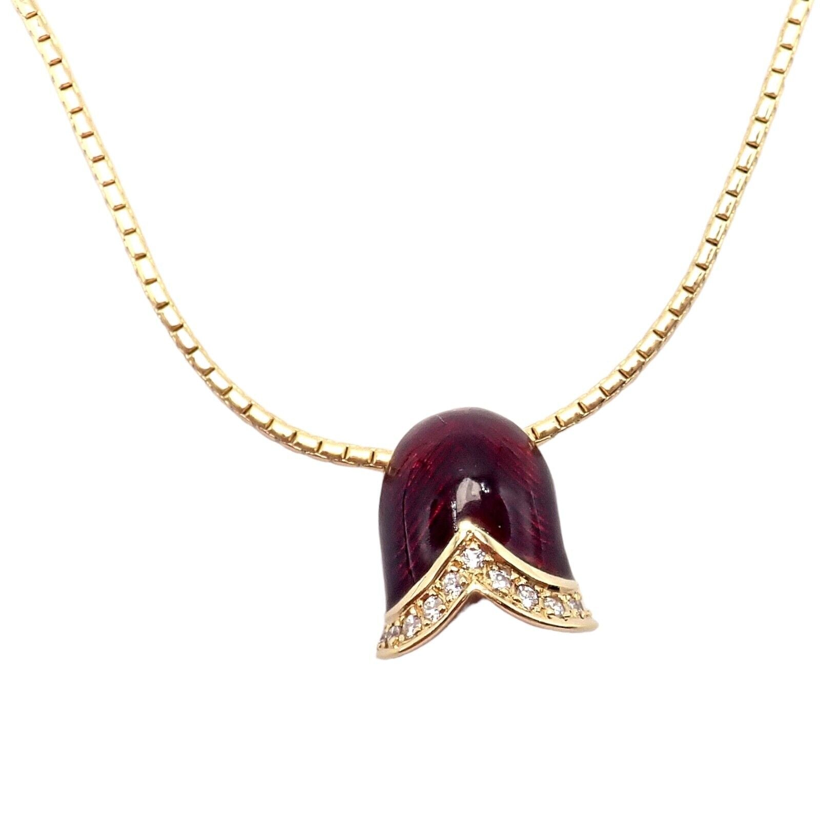 Authentic! Fabrege Diamond Tulip Red Enamel Pendant Necklace | Fortrove