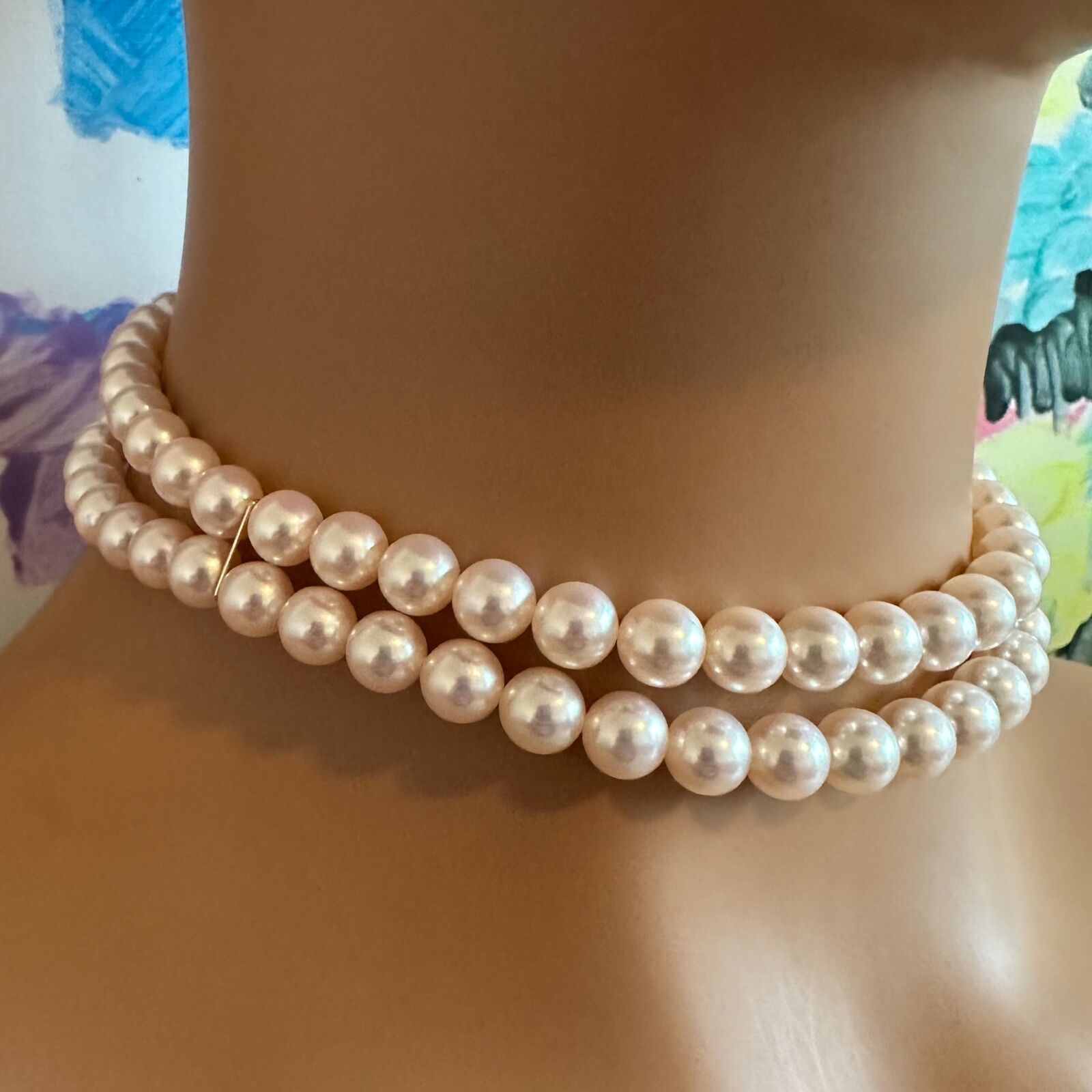 Authentic! Mikimoto 18k Yellow Gold Diamond Double Strand 8mm Pearl Necklace | Fortrove