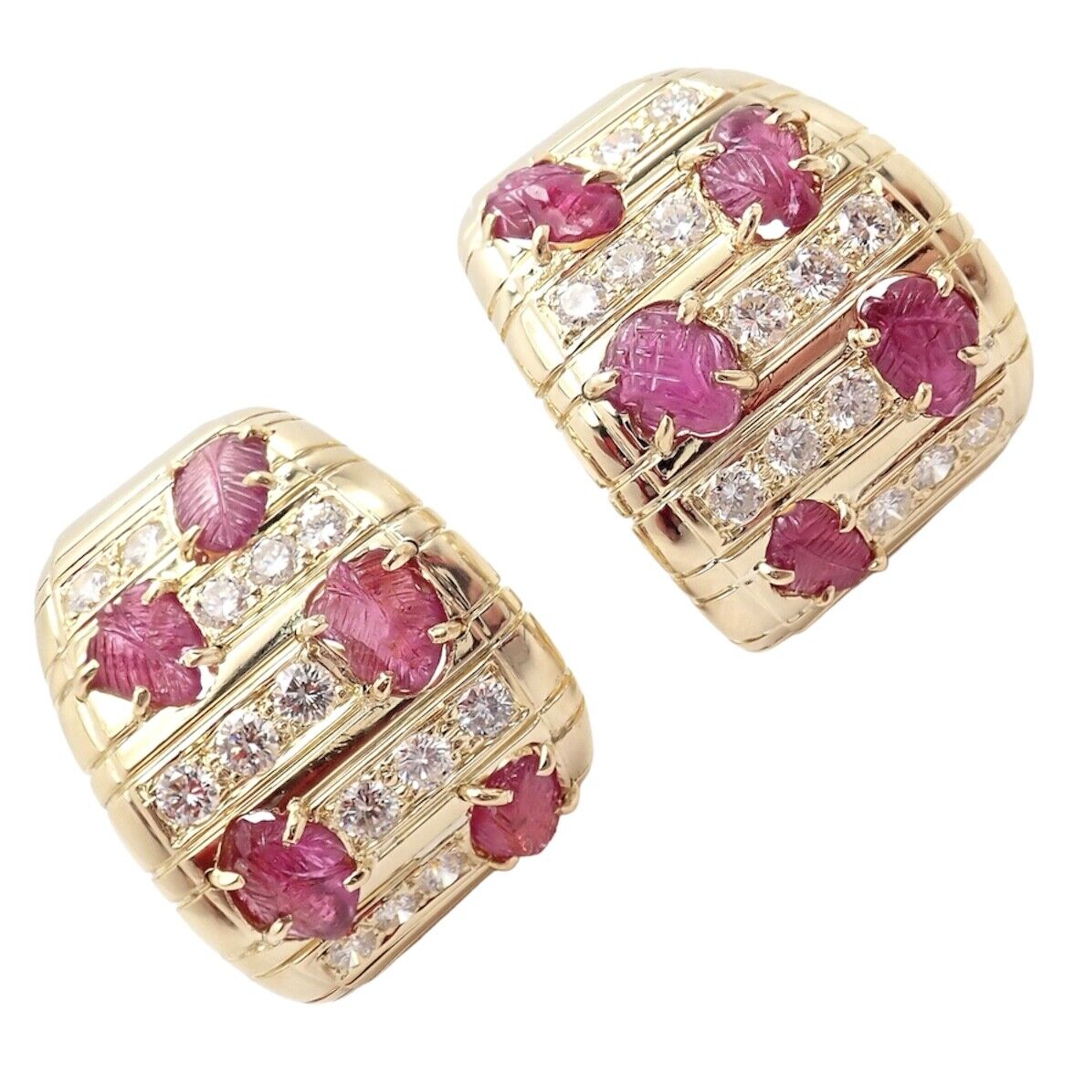 Rare Vintage! Andrew Clunn 18k Yellow Gold Diamond Carved Leaf Ruby Earrings | Fortrove