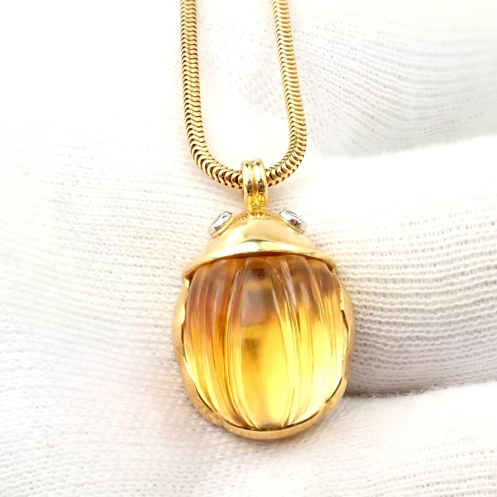 Rare Tiffany & Co Platinum 18k Gold Carved Citrine Diamond Scarab Necklace | Fortrove
