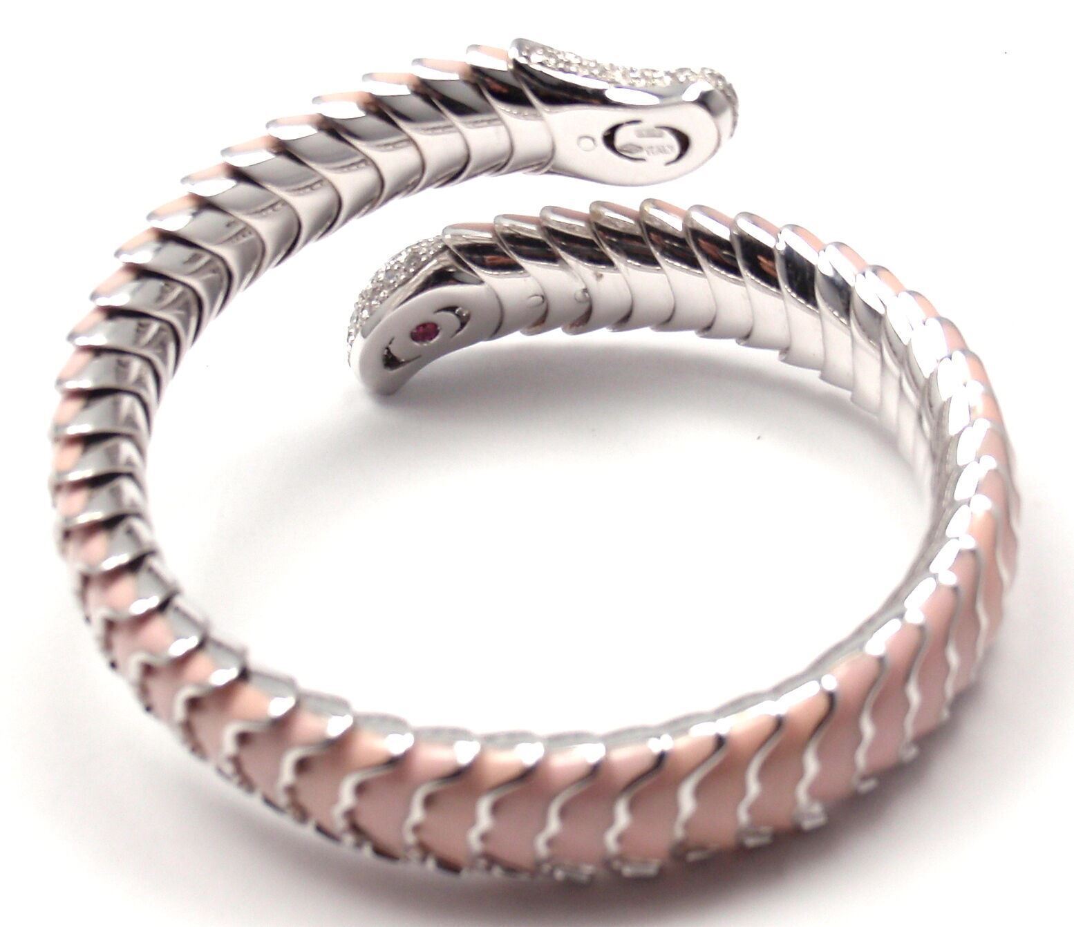 Authentic! Roberto Coin 18k White Gold Enamel Ruby Diamond Cobra Bangle Bracelet | Fortrove