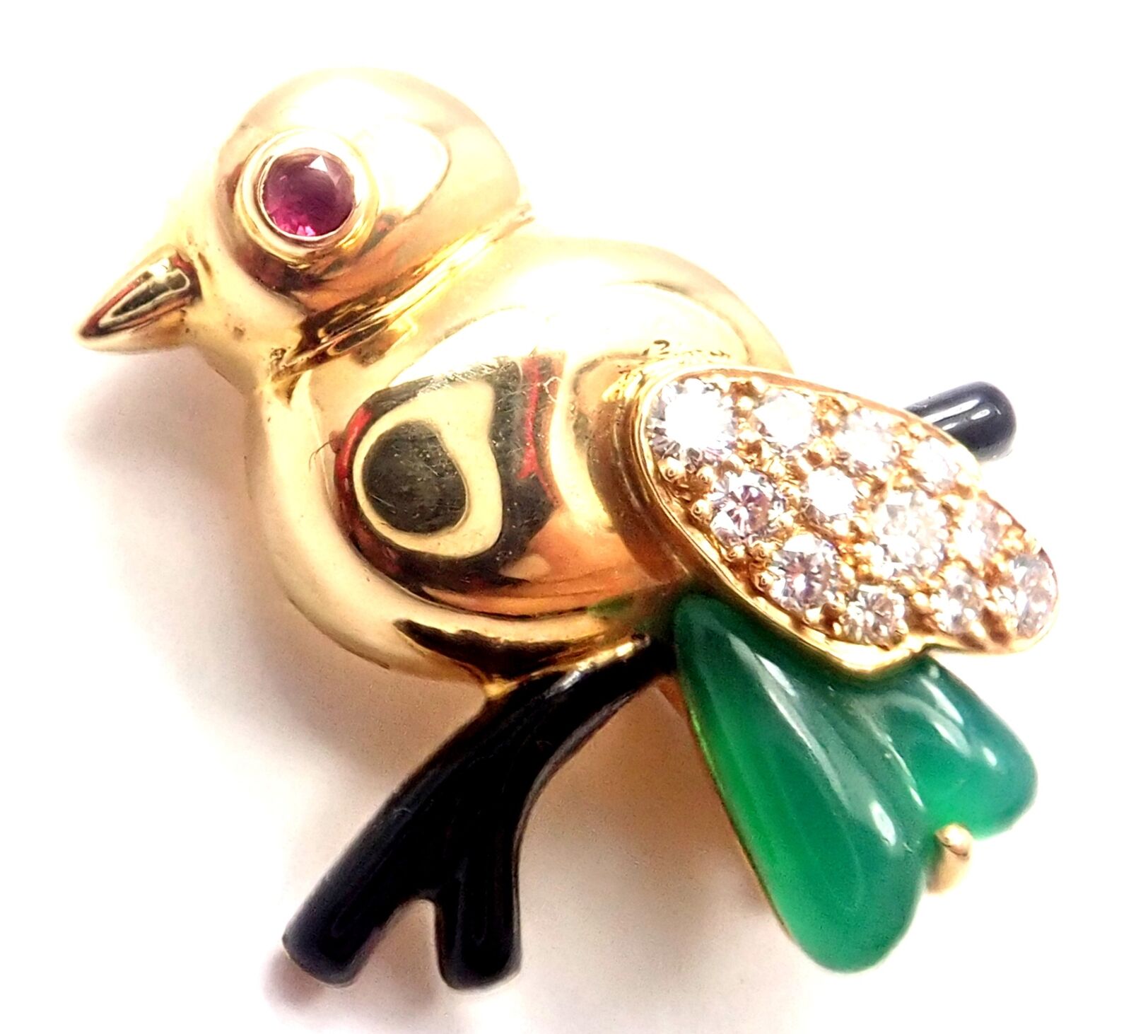 Authentic! Cartier 18k Yellow Gold Diamond Onyx Ruby Chalcedony Bird Pin Brooch | Fortrove