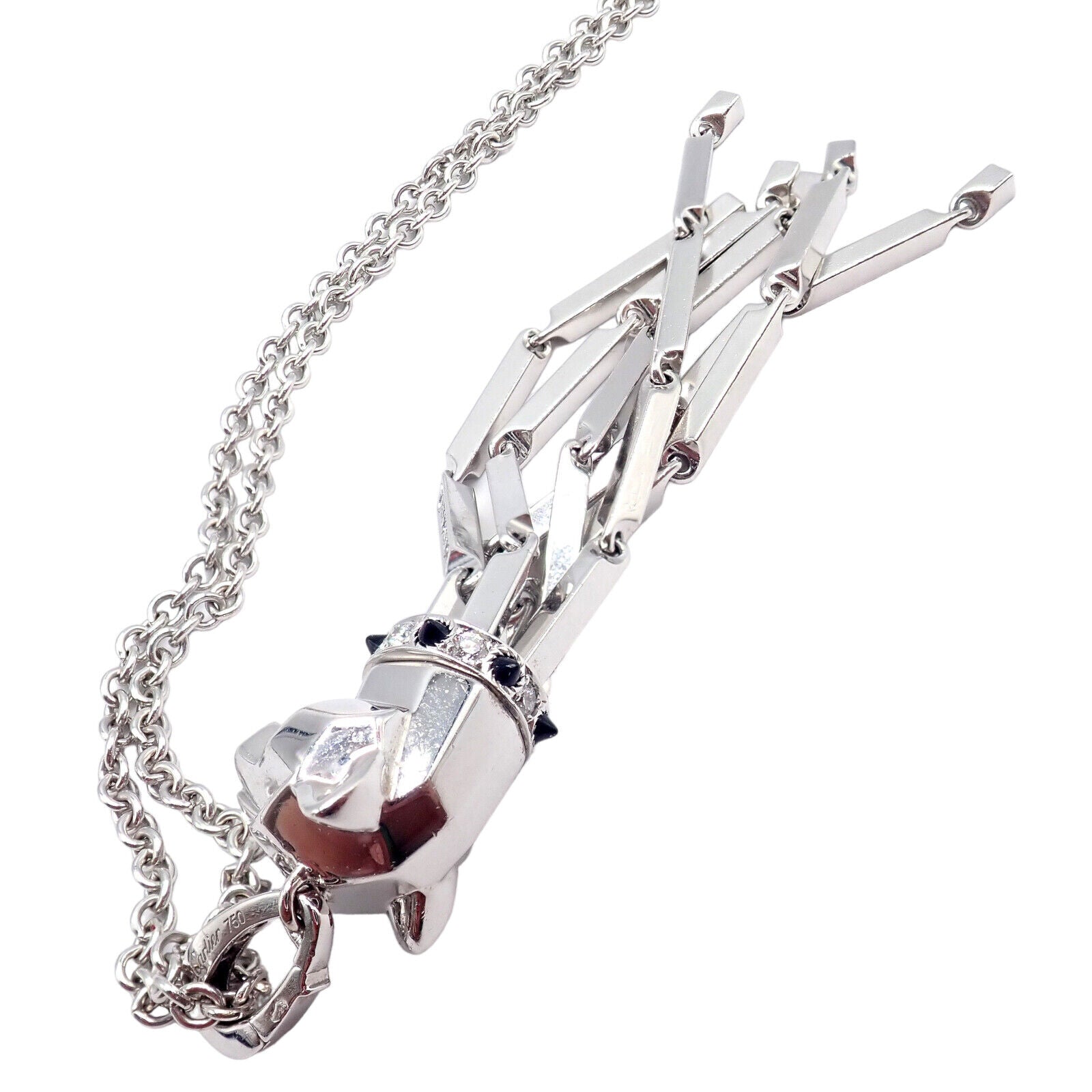 Panthere de Cartier Panther 18k White Gold Diamond Emerald Onyx Pendant Necklace | Fortrove