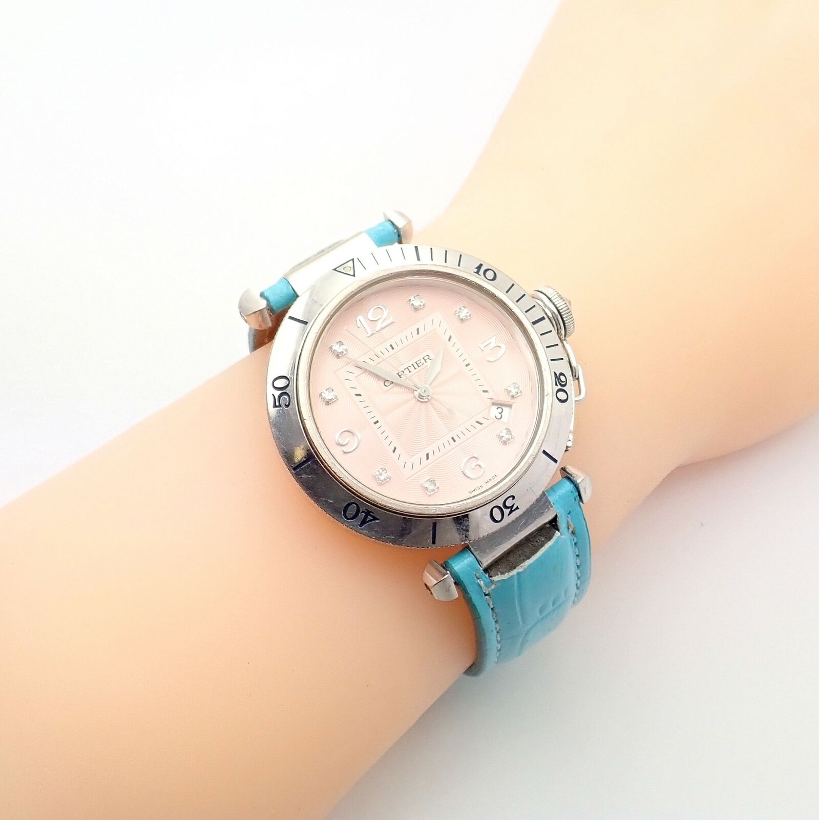 Authentic! Cartier 18k White Gold Pasha Pink Dial Miami Diamond Automatic Watch | Fortrove