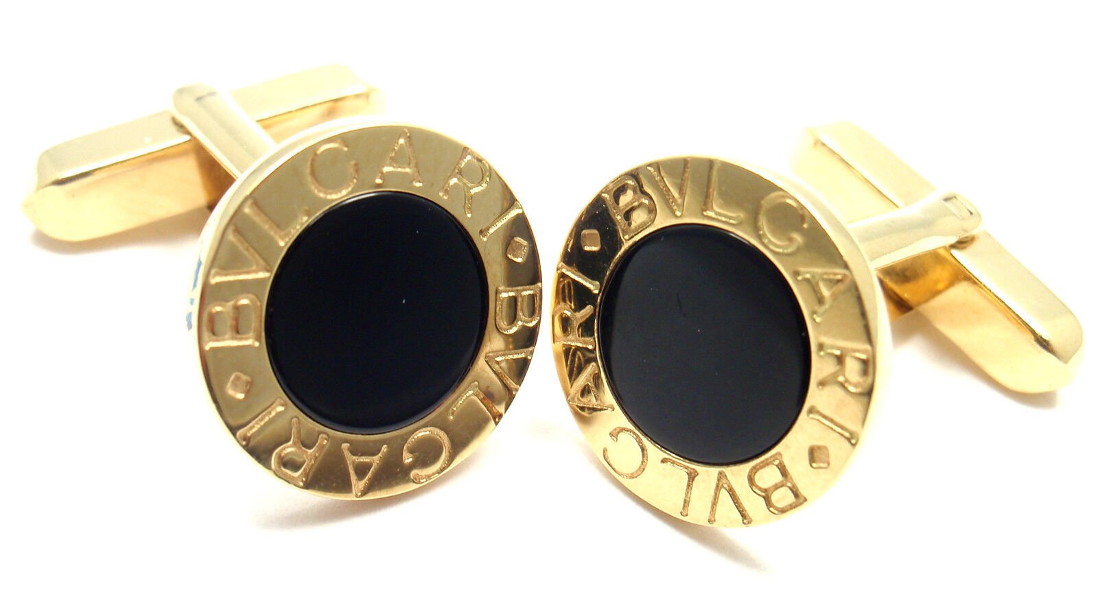 Authentic! Bulgari Bvlgari 18k Yellow Gold Black Onyx Cufflinks | Fortrove