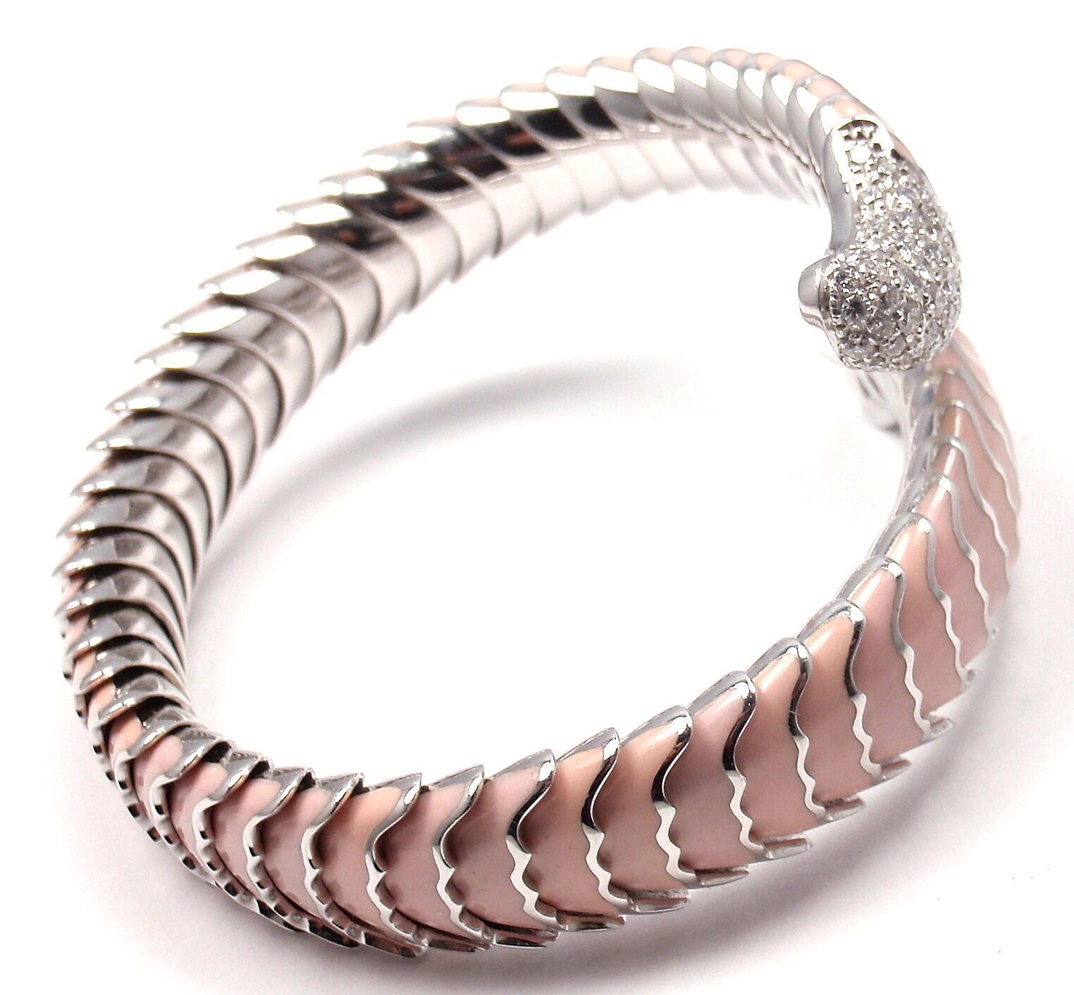 Authentic! Roberto Coin 18k White Gold Enamel Ruby Diamond Cobra Bangle Bracelet | Fortrove