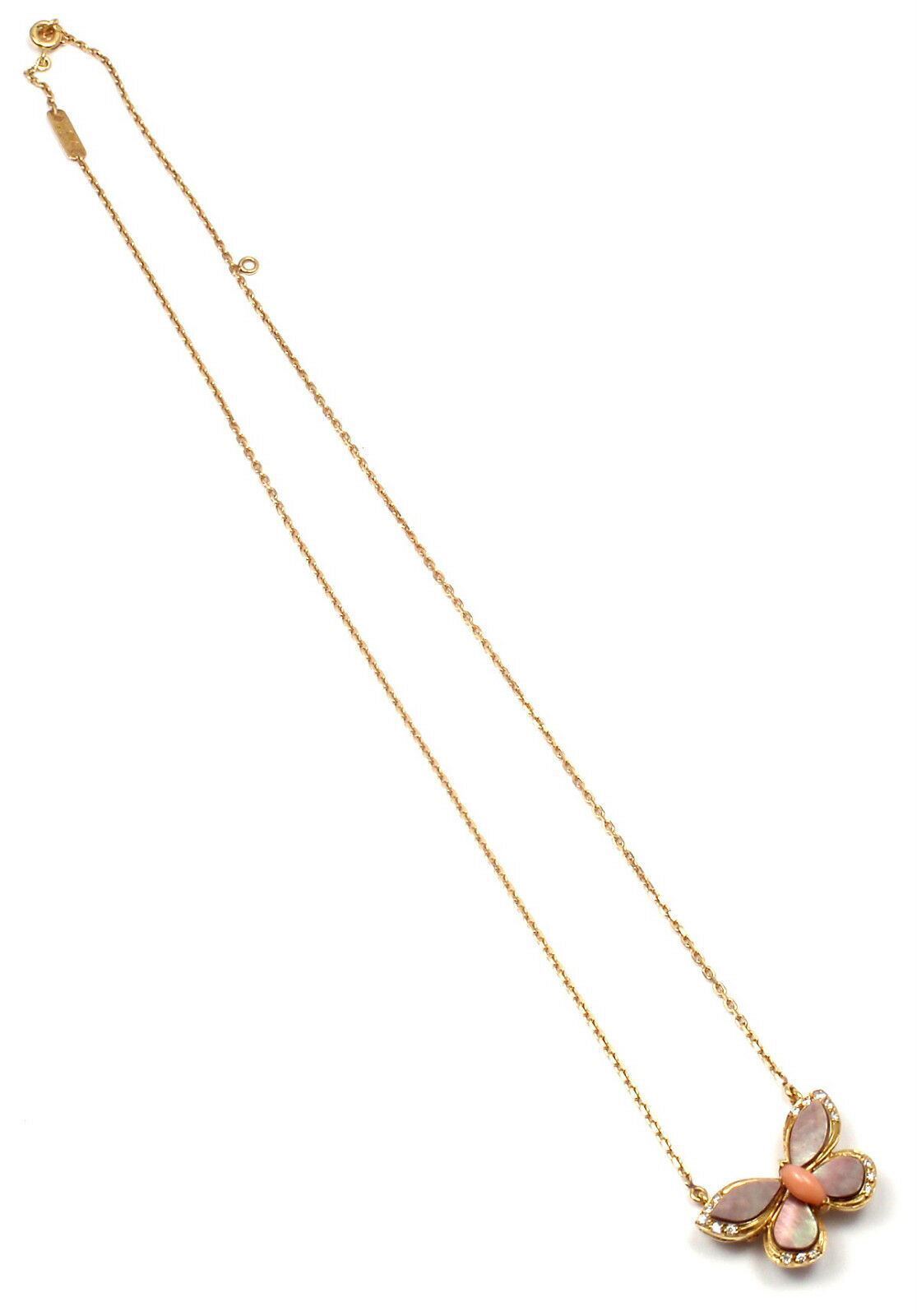 VAN CLEEF & ARPELS 18k Yellow Gold Diamond MOP Coral Butterfly Brooch Necklace | Fortrove