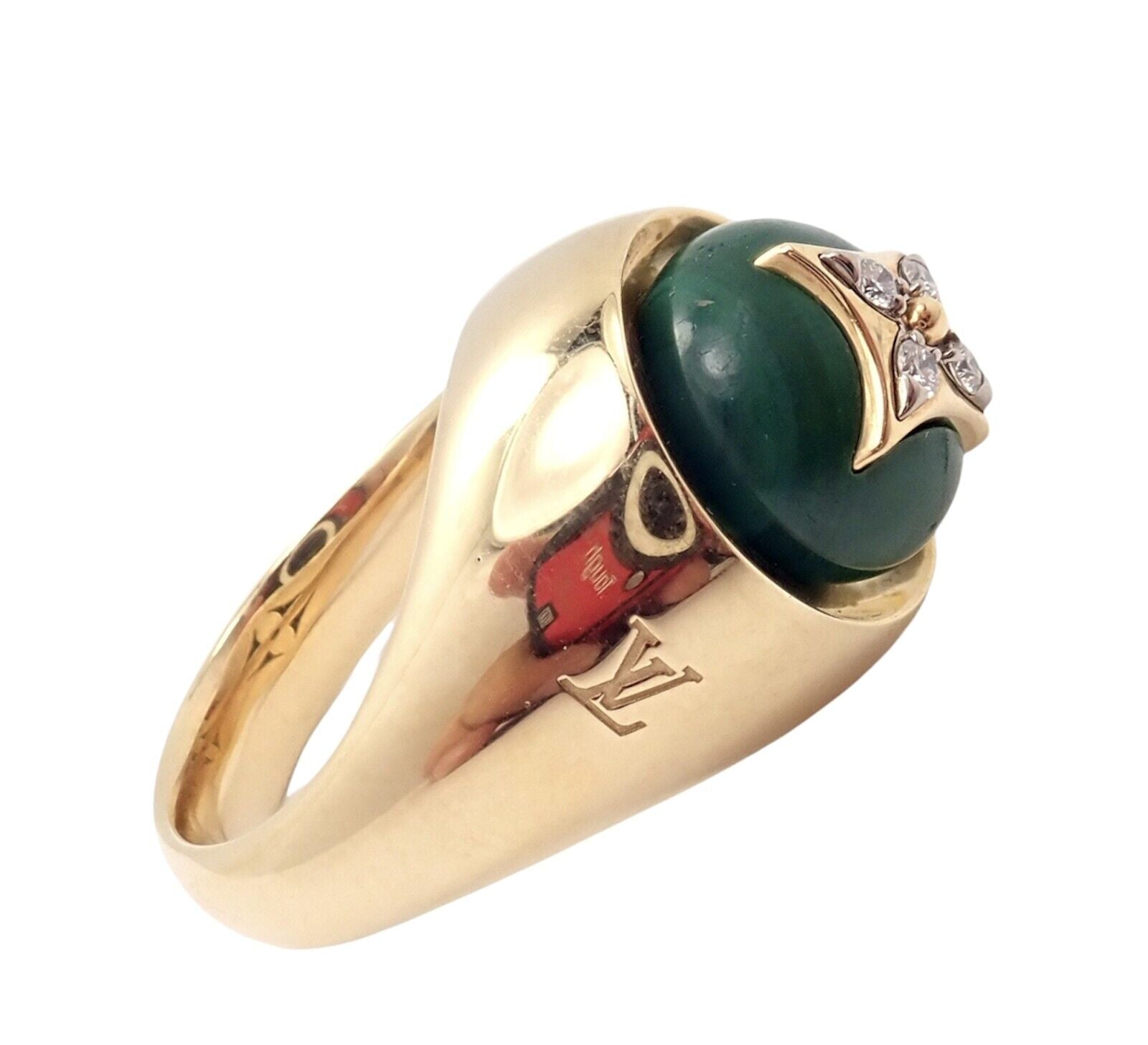 Authentic Louis Vuitton LV 18k Yellow Gold Diamond Malachite Blossom Signet Ring | Fortrove