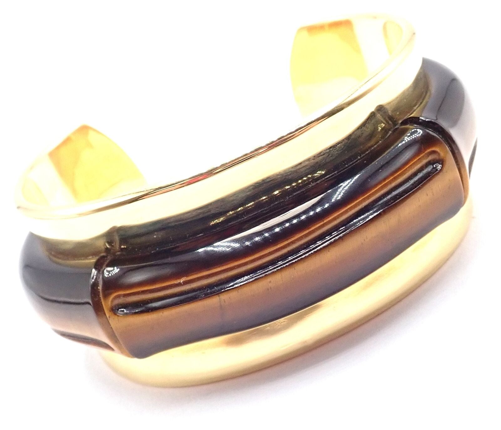 Authentic! Tiffany & Co 18k Yellow Gold Tiger Eye Bangle Cuff Wide Bracelet 2002 | Fortrove