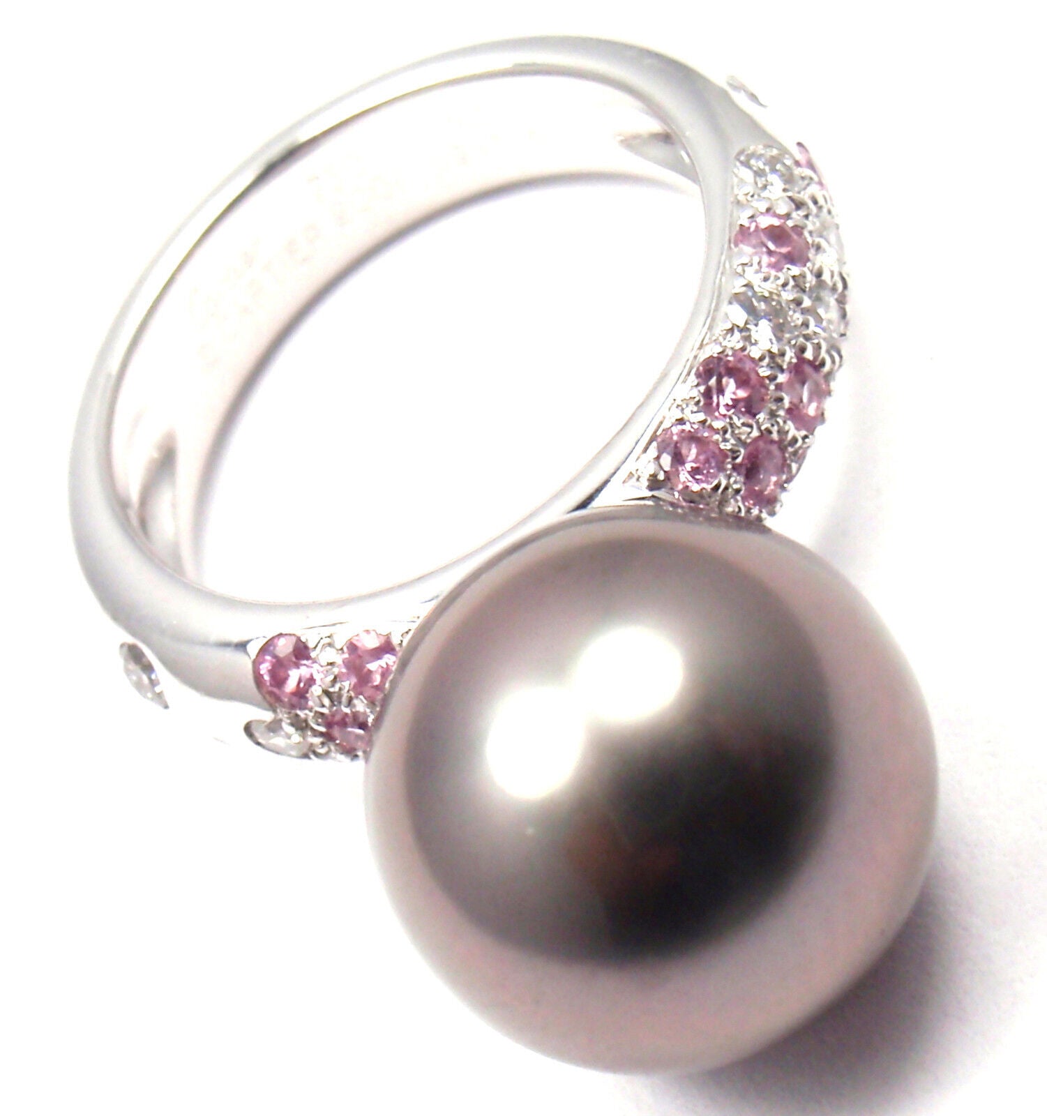 Authentic! Cartier 18K White Gold Tahitian Pearl Diamond Pink Sapphire Ring | Fortrove