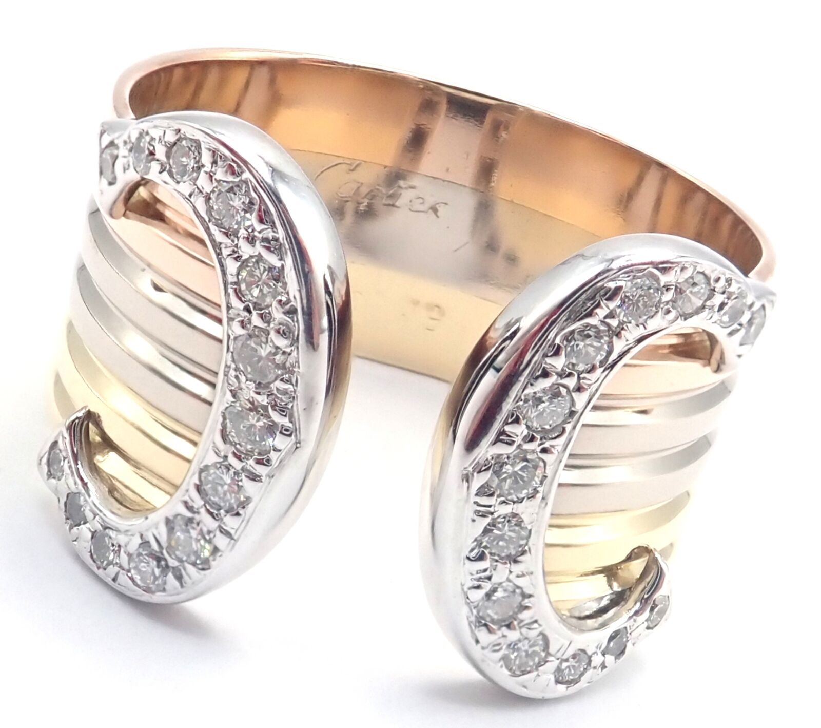 Authentic! Cartier Diamond Double C 18k Tri-Color Gold Band Ring Size 54 US 6.75 | Fortrove