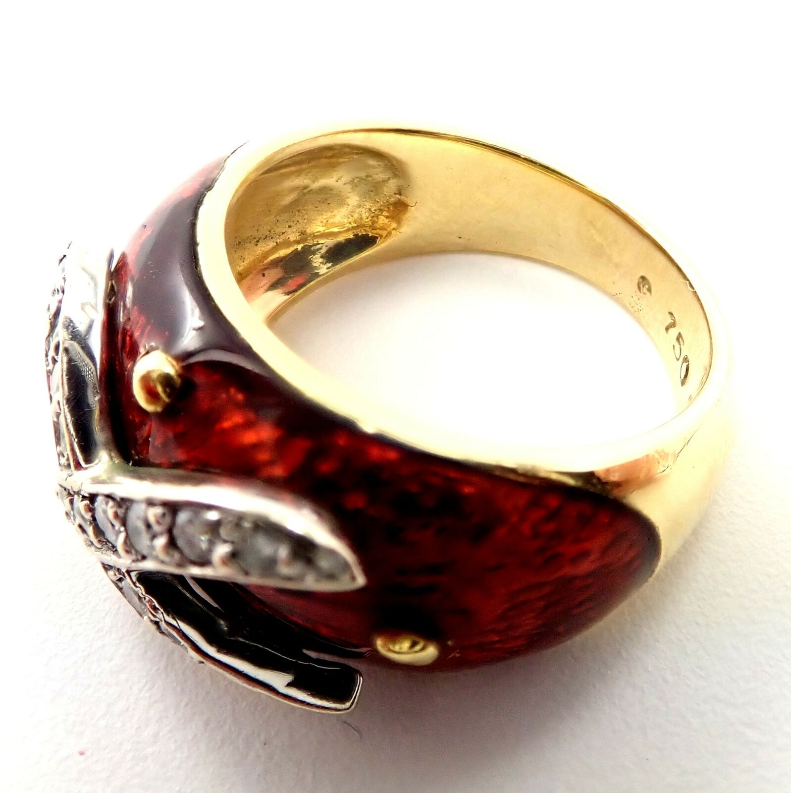 Authentic! Hidalgo 18K Yellow Gold Red Enamel X Diamond Ring Sz 5 | Fortrove
