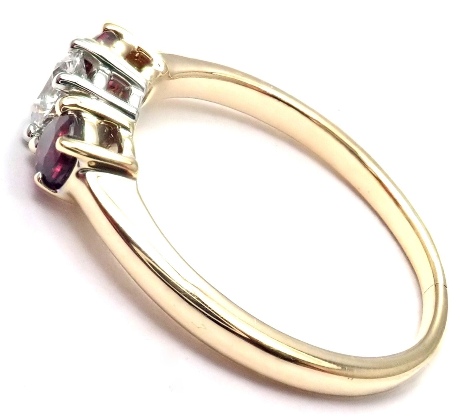 Authentic! Tiffany & Co 18k Gold Platinum Three Stone Diamond Ruby Band Ring | Fortrove