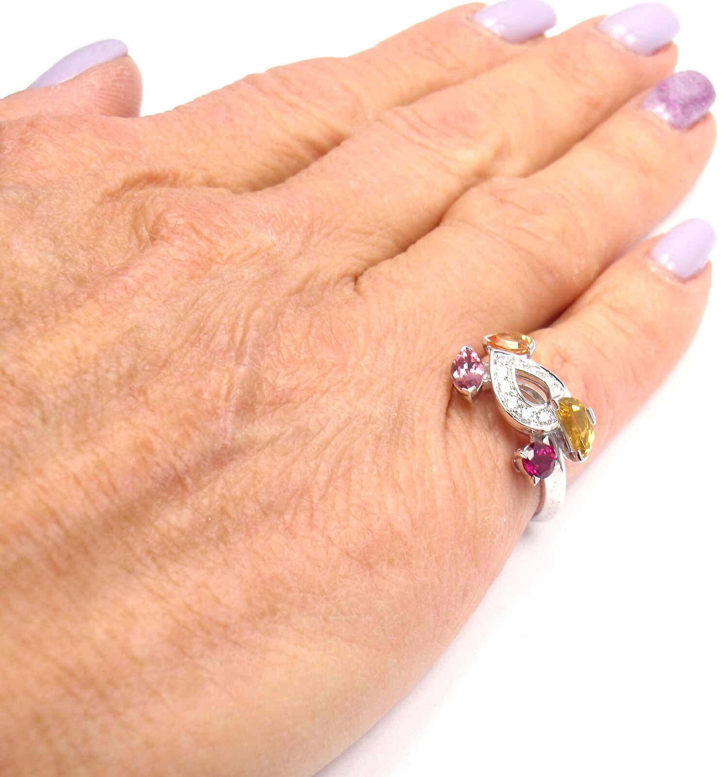 Authentic CARTIER Sorbet 18k White Gold Diamond Tourmaline Sapphire Ring Size 50 | Fortrove