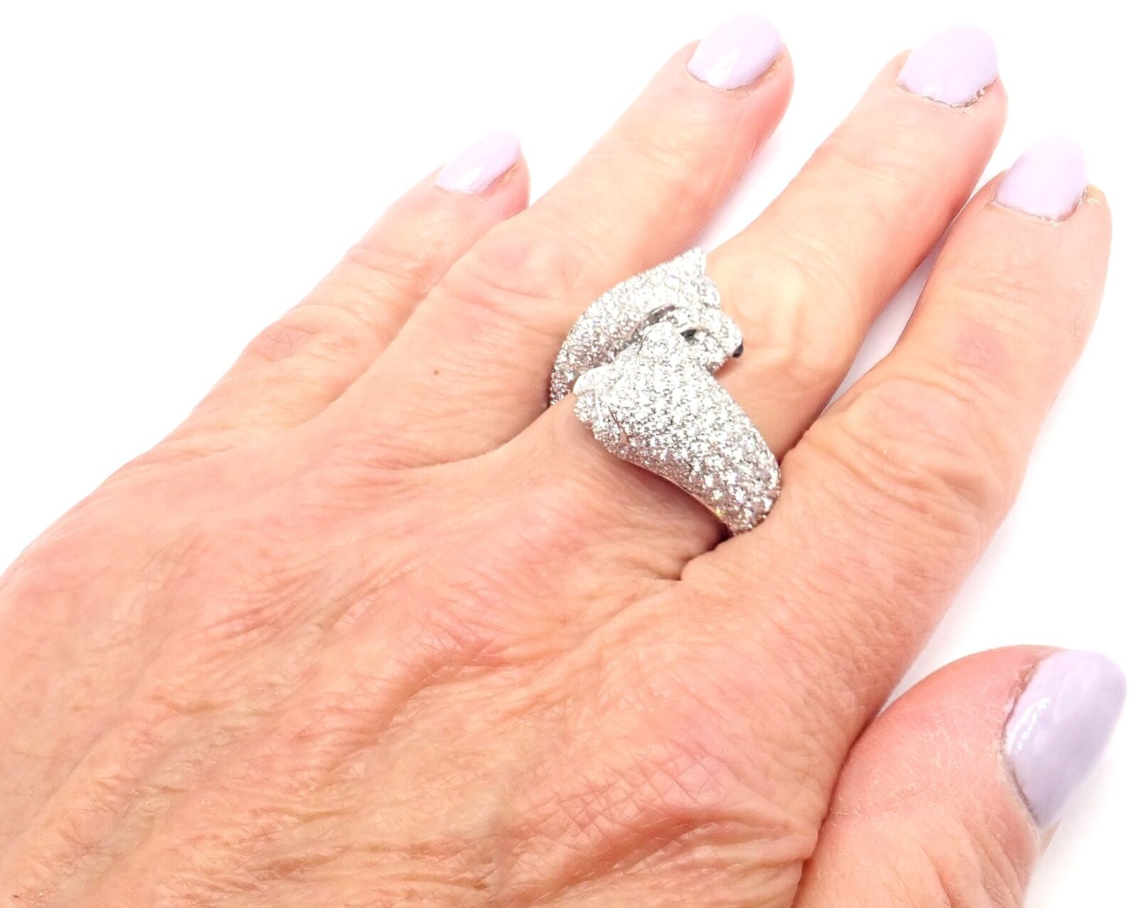 Authentic! Cartier Double Panther Panthere Lakarda 18k Gold Diamond Emerald Ring | Fortrove