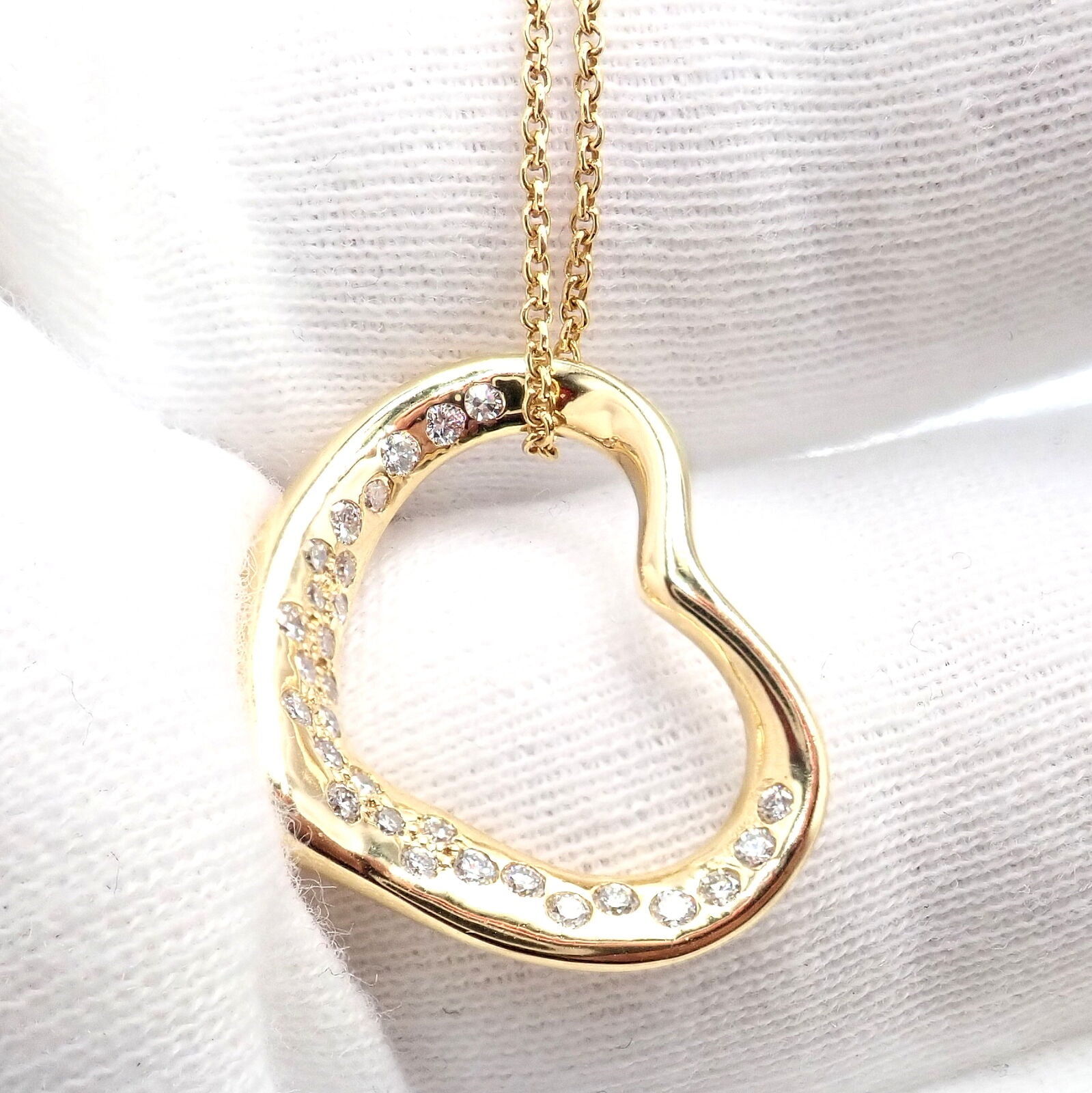 Authentic! Tiffany & Co Elsa Peretti 18k Yellow Gold Diamond Open Heart Necklace | Fortrove