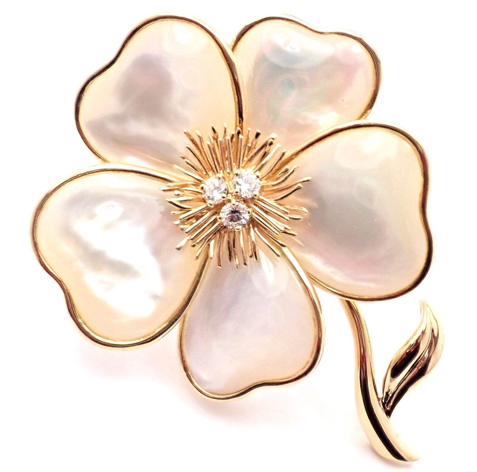 Van Cleef & Arpels Clématite 18k Yellow Gold Diamond Mother of Pearl Pin Brooch | Fortrove