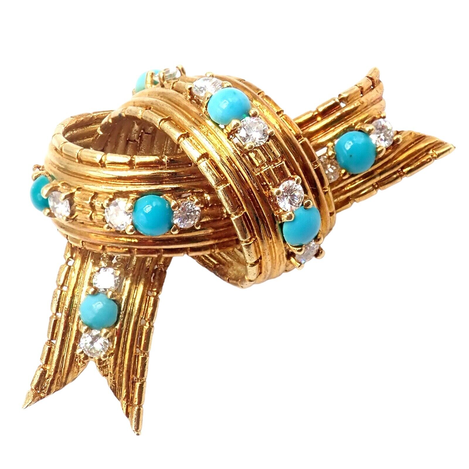Vintage Tiffany & Co. 18k Yellow Gold Diamond Turquoise Bamboo Bow Pin Brooch | Fortrove