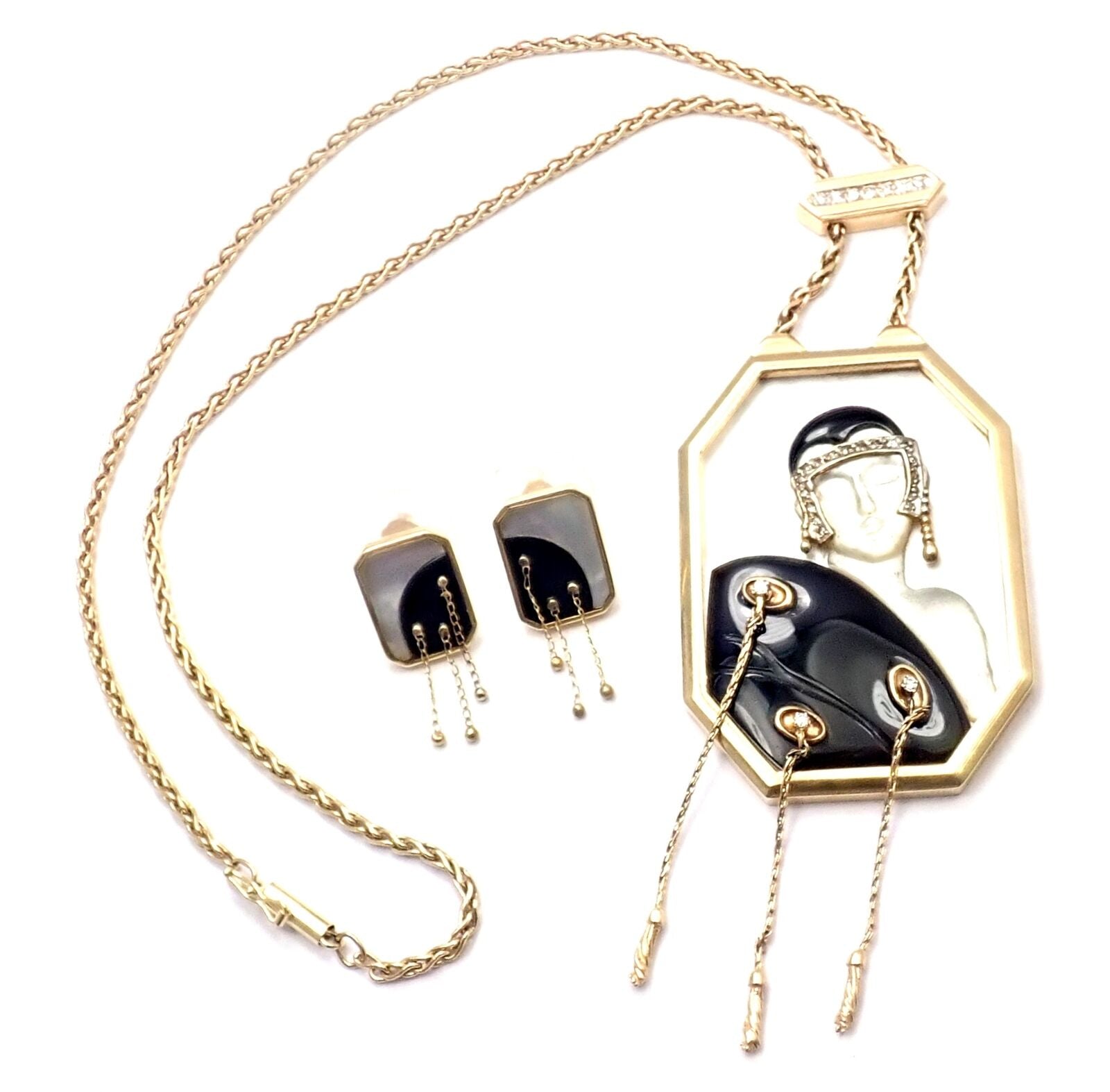 ERTE Folies 14k Yellow Gold Diamond Onyx Mother of Pearl Necklace & Earrings Set | Fortrove
