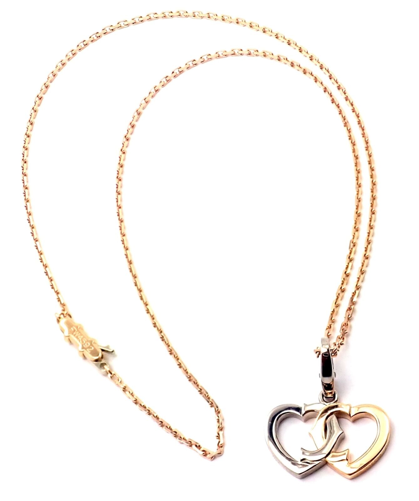 Authentic! Cartier 18K Rose & White Gold Double C Heart Pendant Chain Necklace | Fortrove