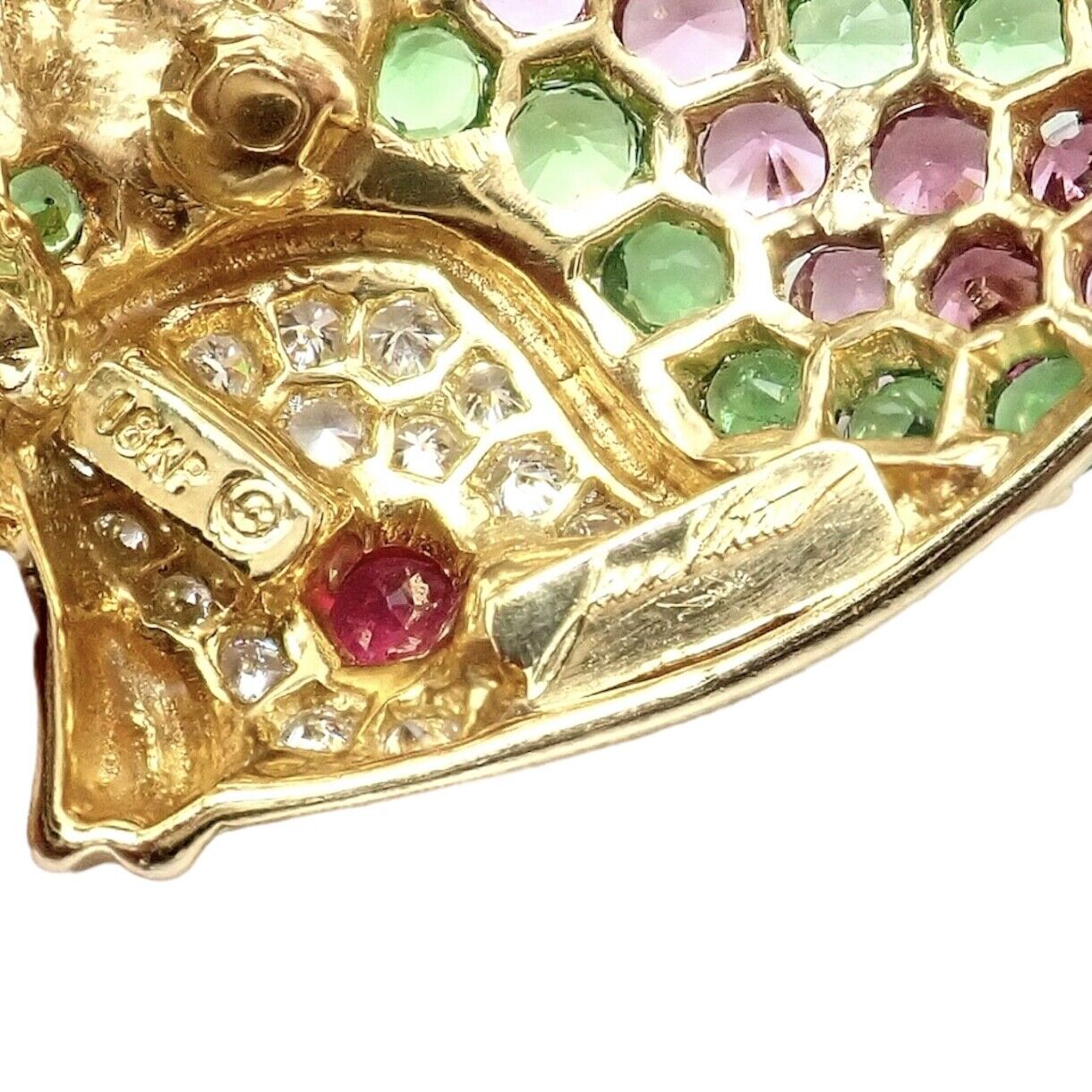 Authentic! Rare Jean Vitau 18k Yellow Gold Diamond Color Stone Angel Fish Brooch | Fortrove