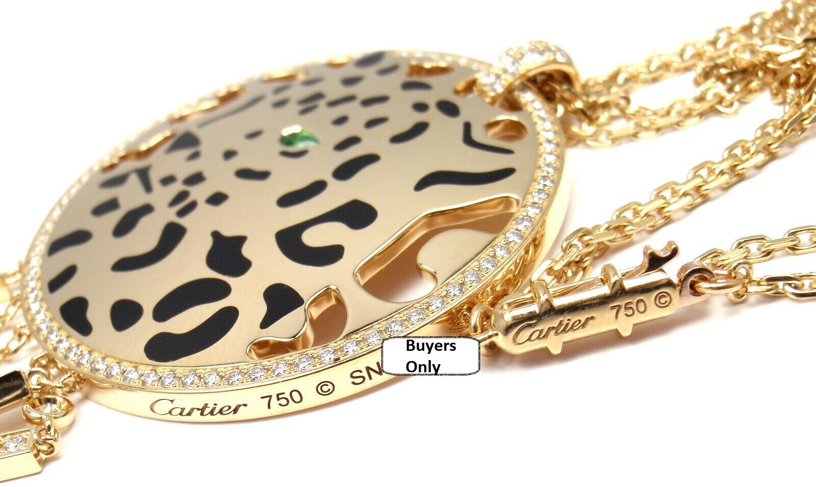 Authentic! Cartier Panther 18k Yellow Gold Diamond Tsavorite Lacquer Necklace | Fortrove