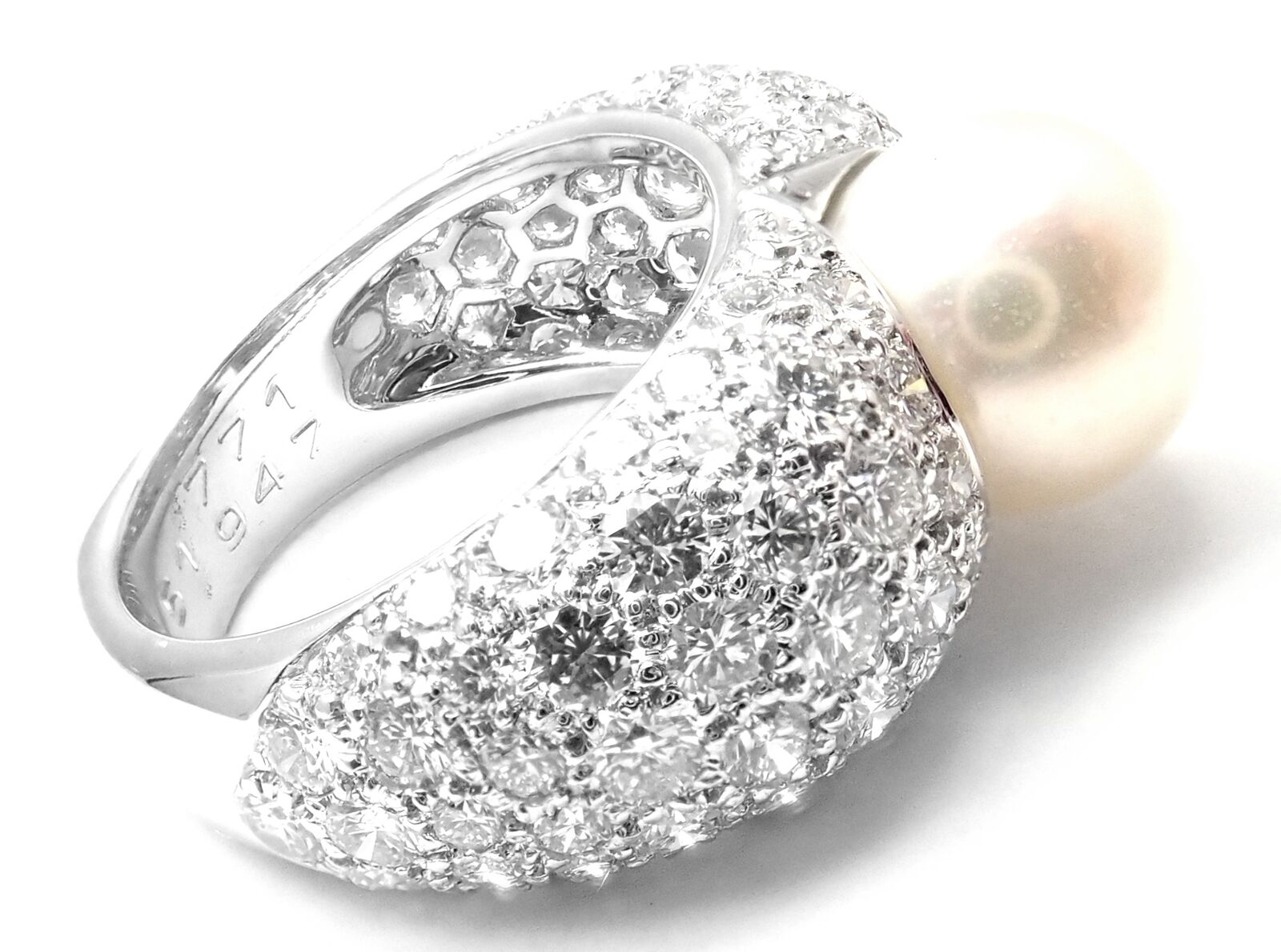 Authentic! Cartier Juliette 18k White Gold Cultured Pearl Diamond Band Ring | Fortrove