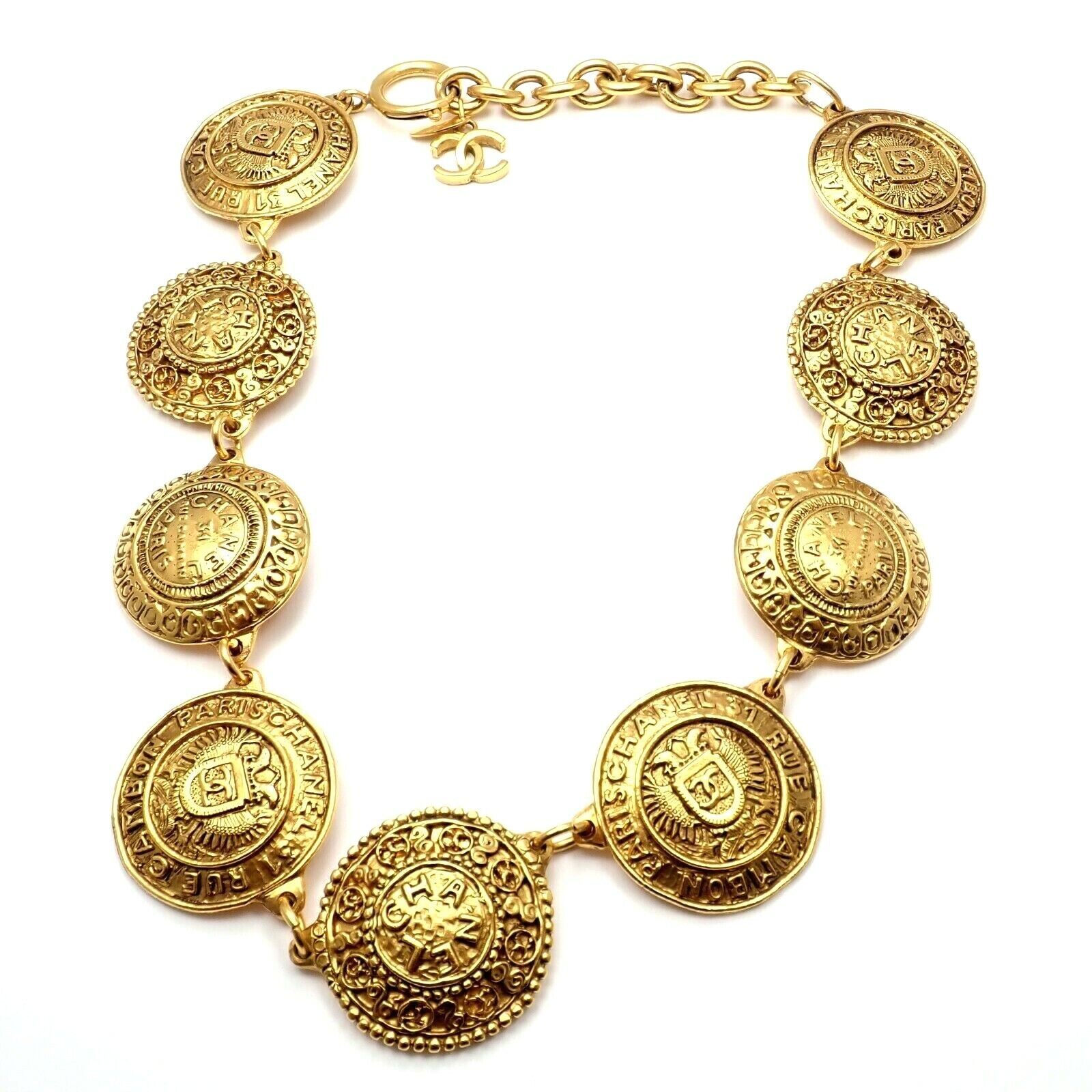 Chic! Authentic Chanel Vintage Gold Tone Logo CC 9 Disc Motif Necklace | Fortrove