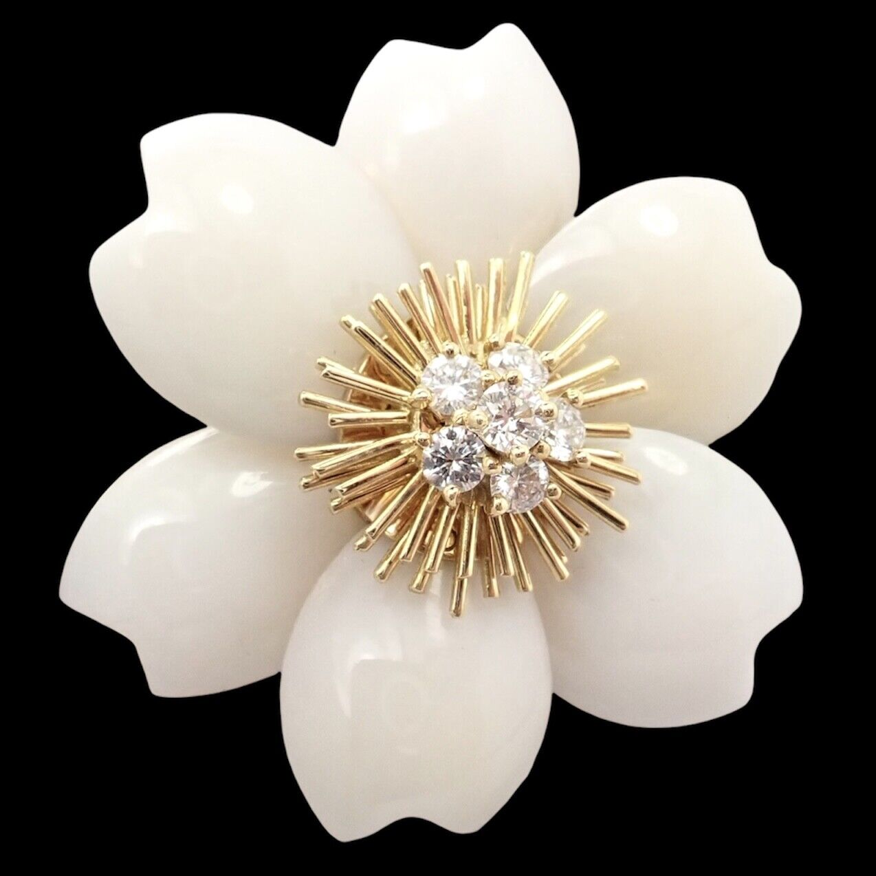 Van Cleef & Arpels Rose de Noel Diamond White Coral Flower Yellow Gold Brooch | Fortrove