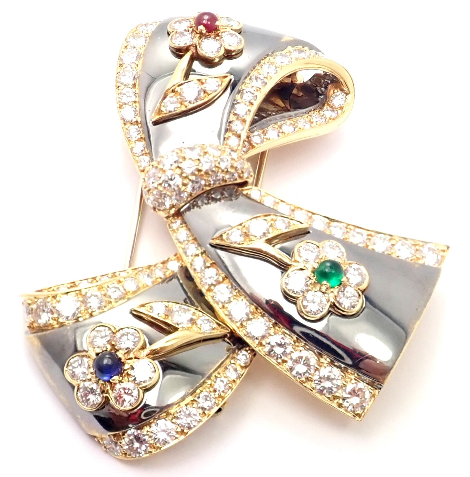 Rare Van Cleef & Arpels 18k Gold Diamond Ruby Emerald Sapphire Flower Pin Brooch | Fortrove