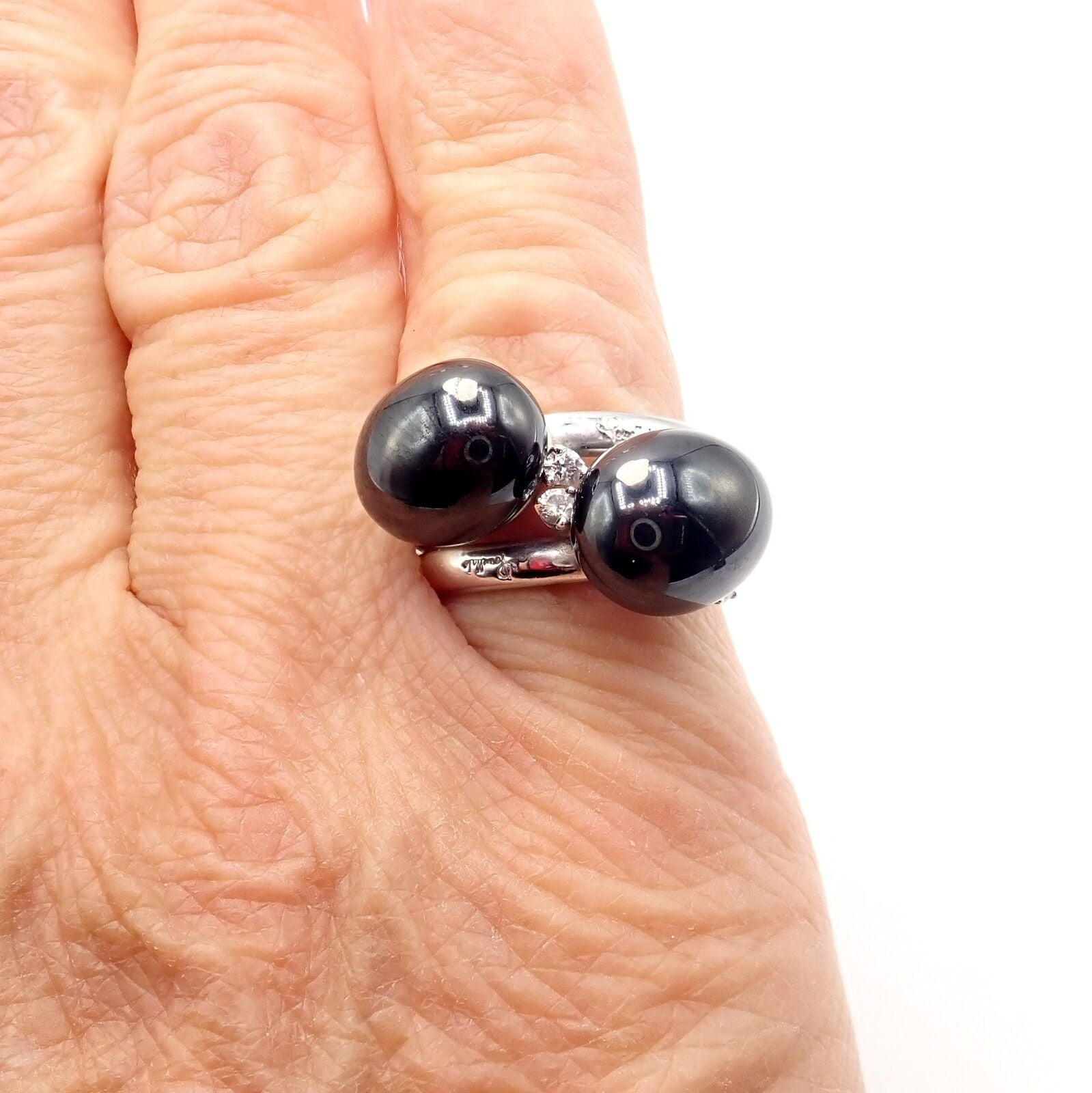 Authentic! Pomellato Capri 18k White Gold Diamond Twin Black Ceramic Ring | Fortrove