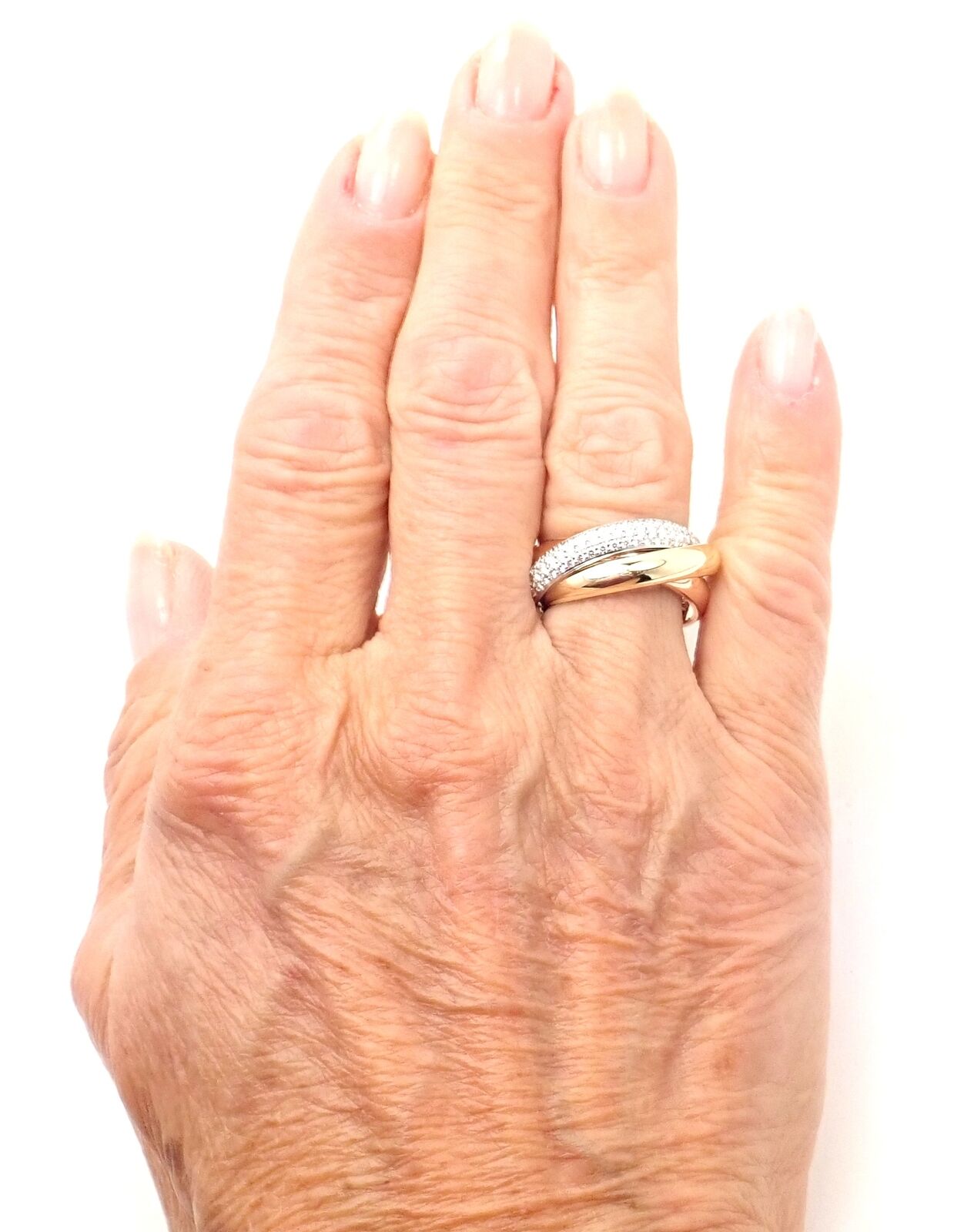 Authentic! Cartier Trinity Classic Diamond 18k White Yellow Rose Gold Band Ring | Fortrove