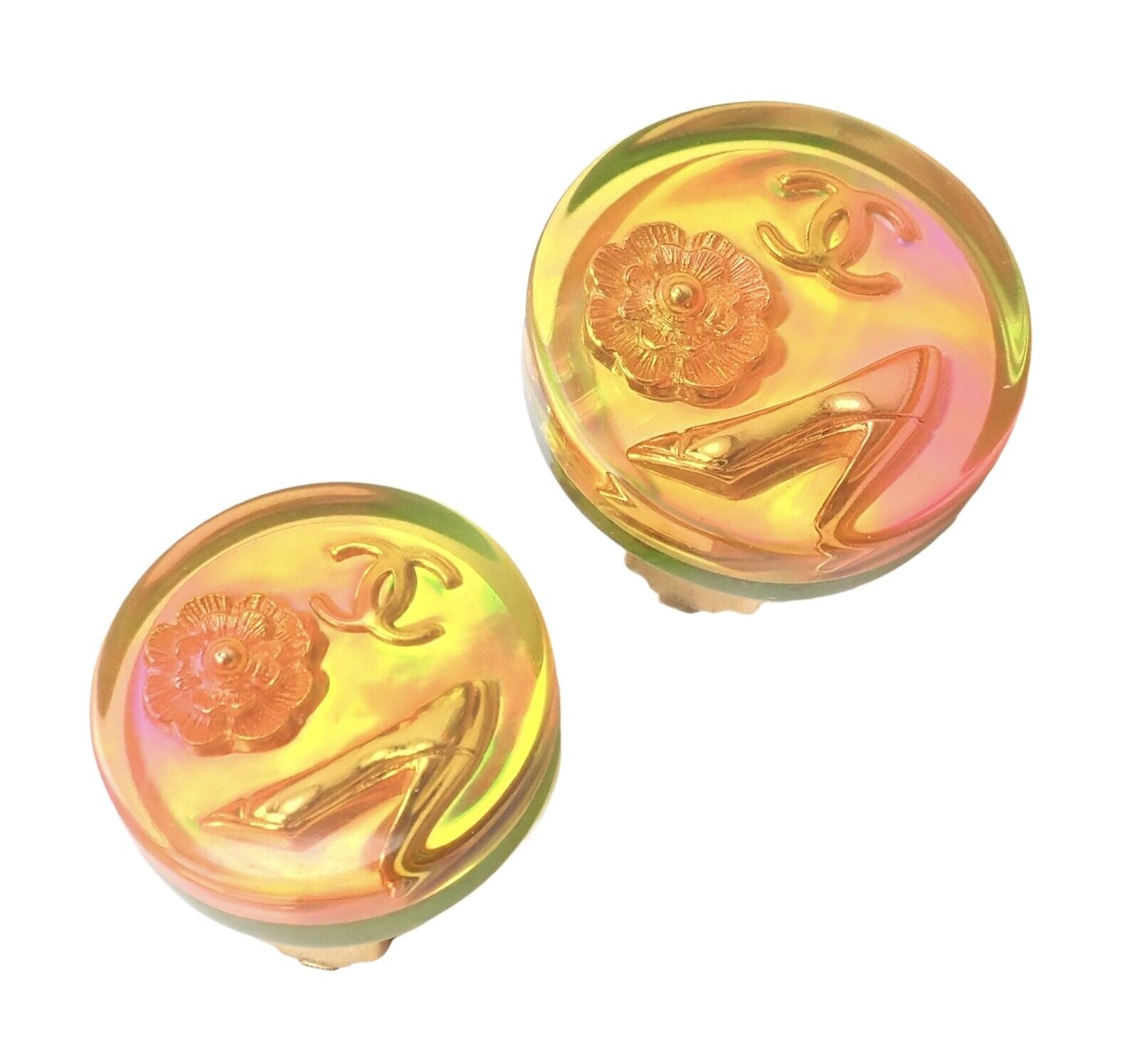 Rare! Vintage Chanel Paris France Holographic Logo Camellia Earrings 1997 Spring | Fortrove