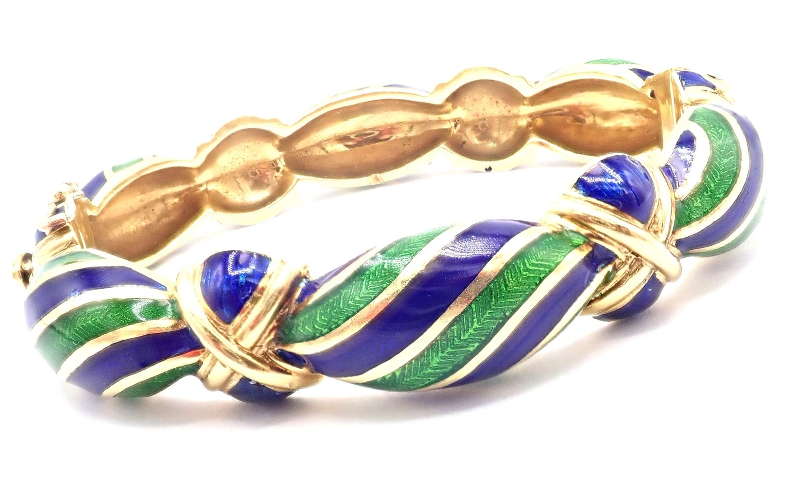 Authentic Vintage Tiffany & Co 18k Yellow Gold Green Blue Enamel Bangle Bracelet | Fortrove