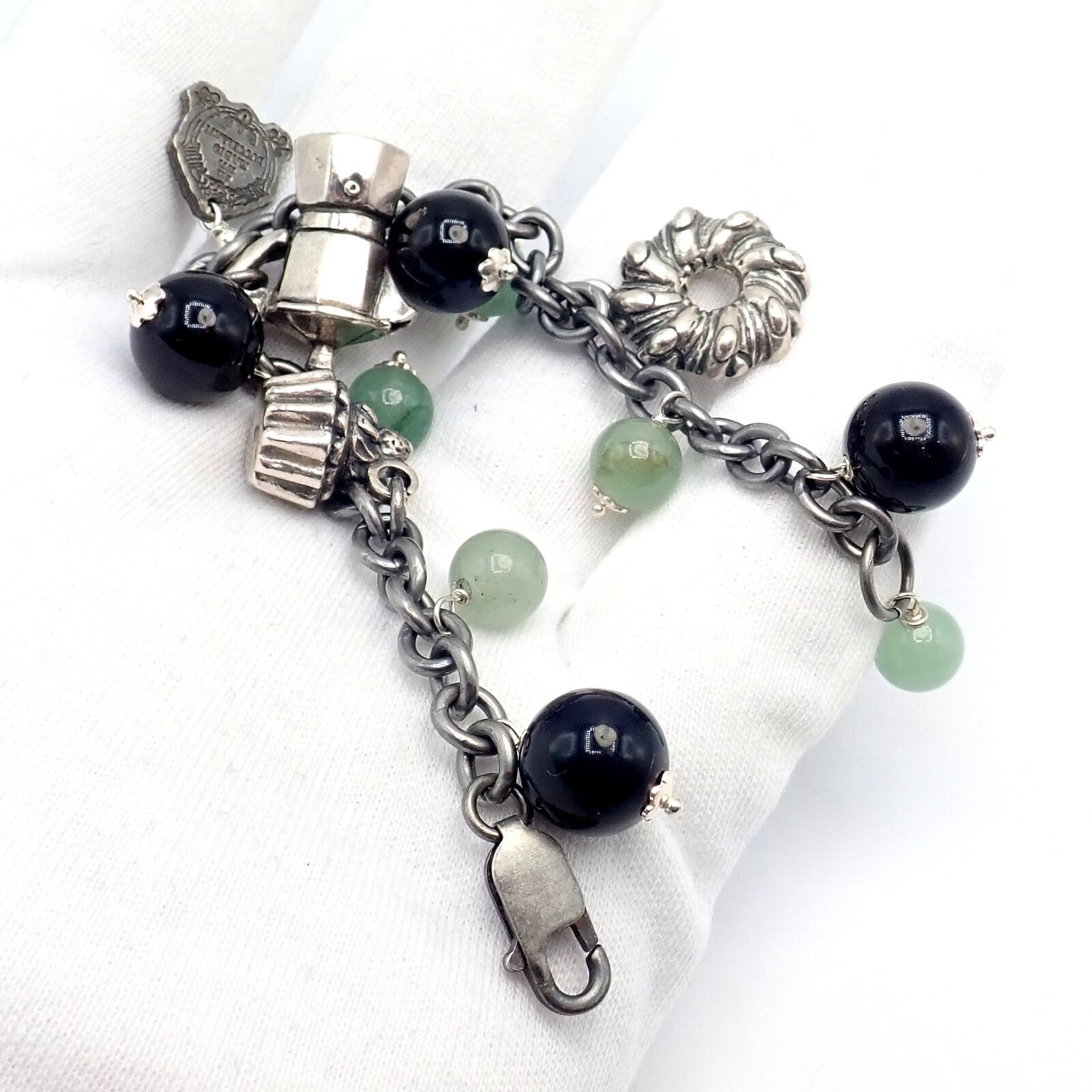 Rare! Vintage Mario Buccellati Silver Coffee Jadeite Onyx Bead Charm Bracelet | Fortrove