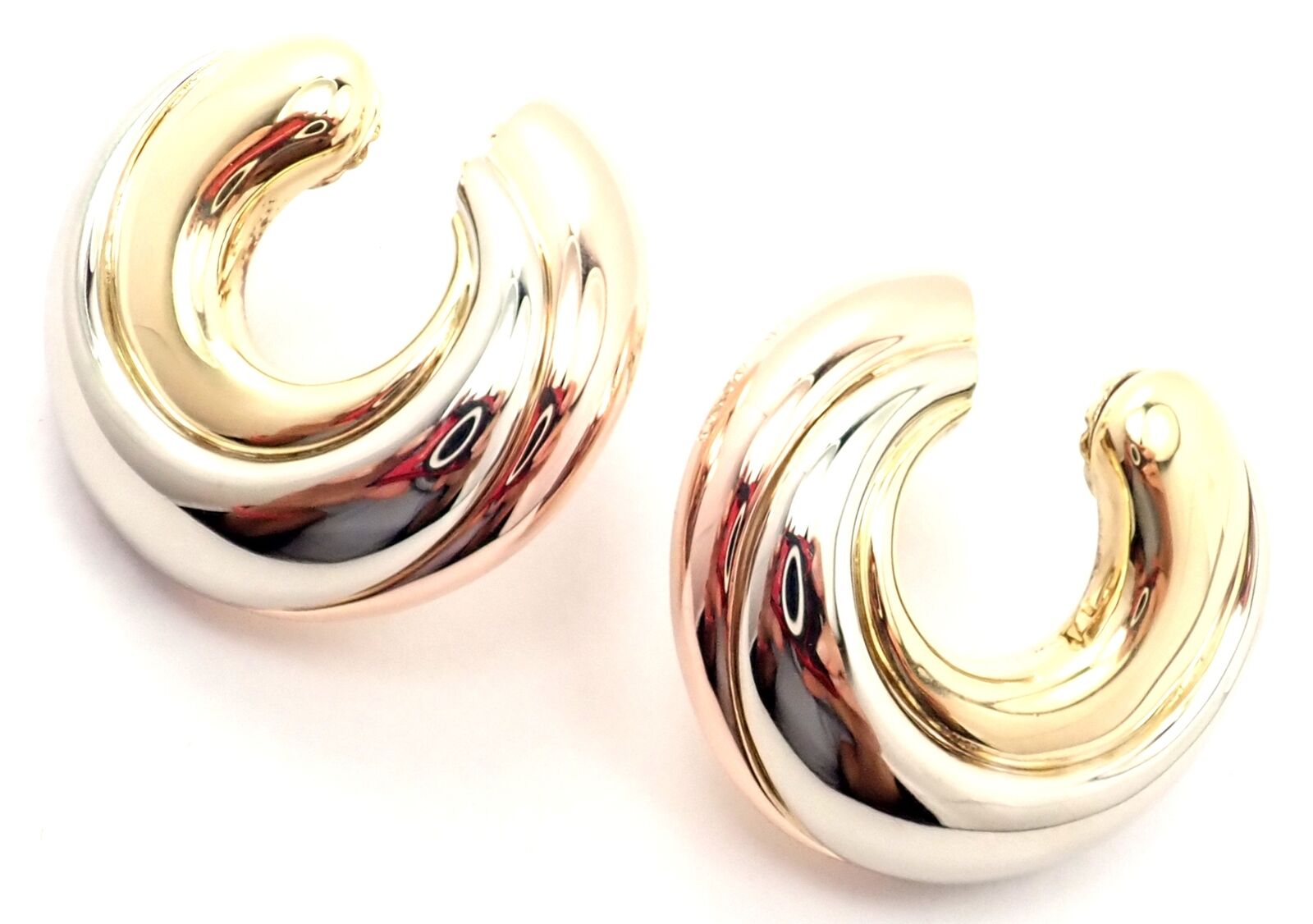 Authentic! Cartier 18k Tri-Color Gold Large Size Trinity Swirl Hoop Earrings | Fortrove