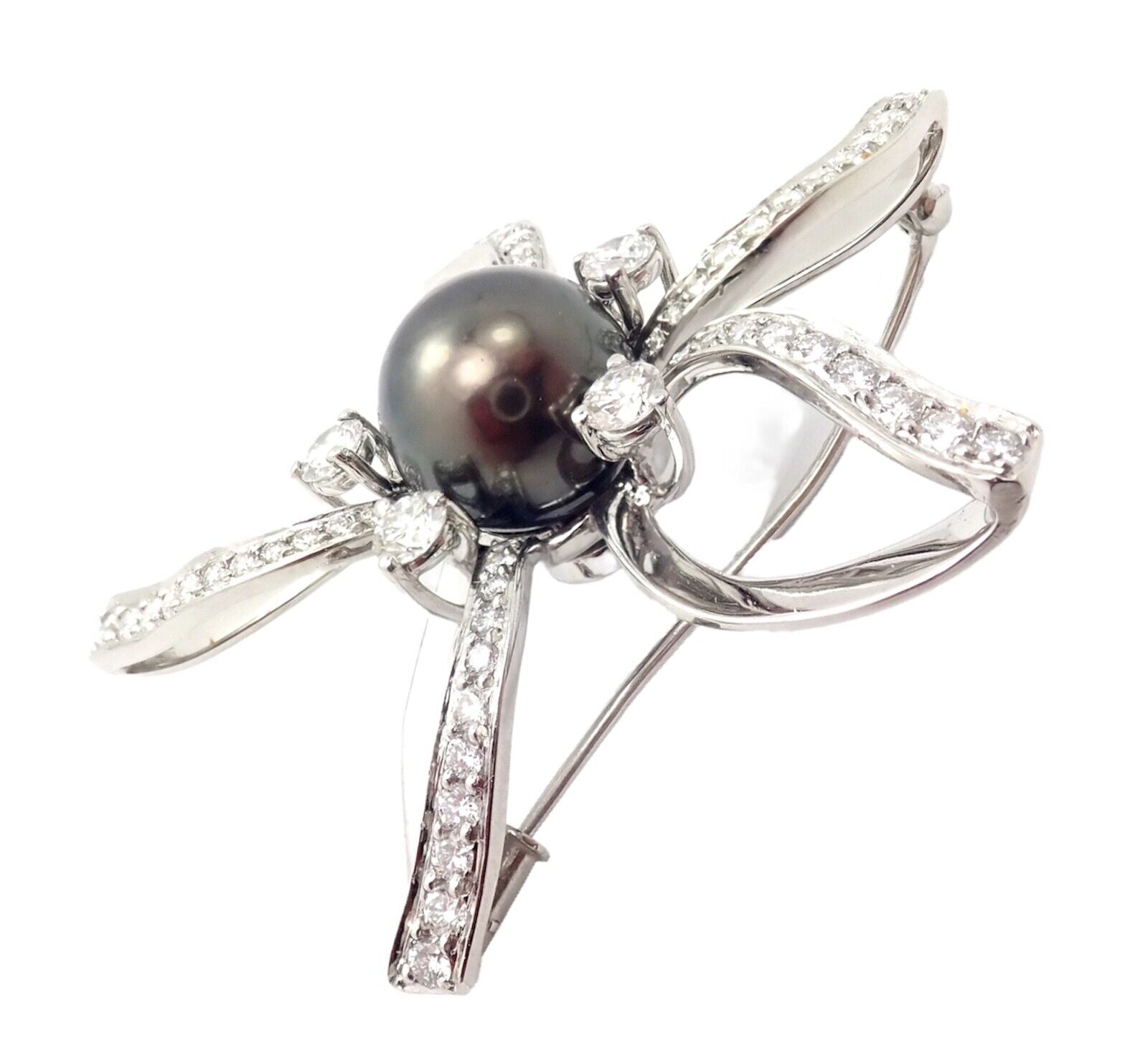 Rare! Authentic Mikimoto Platinum Diamond Tahitian South Sea Pearl Brooch Pin | Fortrove