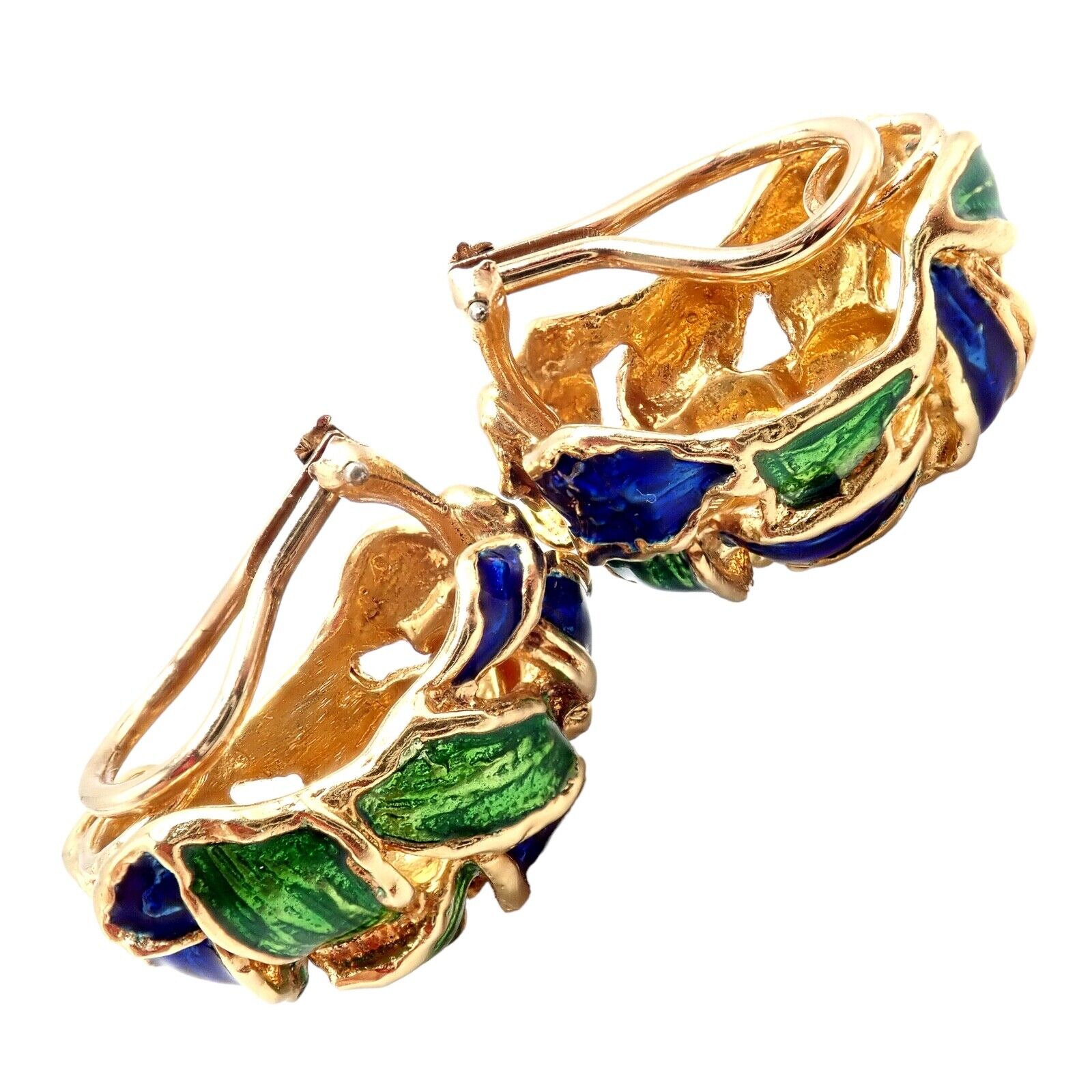 Vintage Tiffany & Co Green Blue Enamel 18k Yellow Gold Basket Weave Earrings | Fortrove