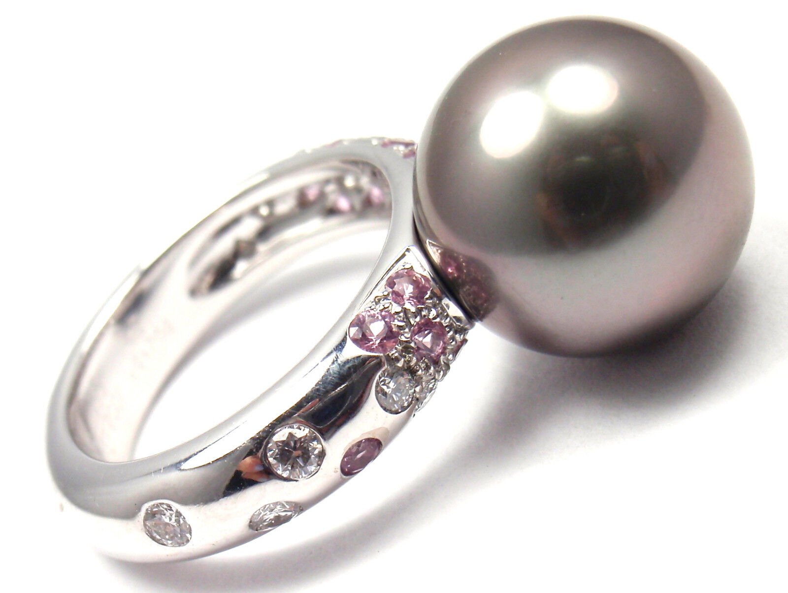 Authentic! Cartier 18K White Gold Tahitian Pearl Diamond Pink Sapphire Ring | Fortrove