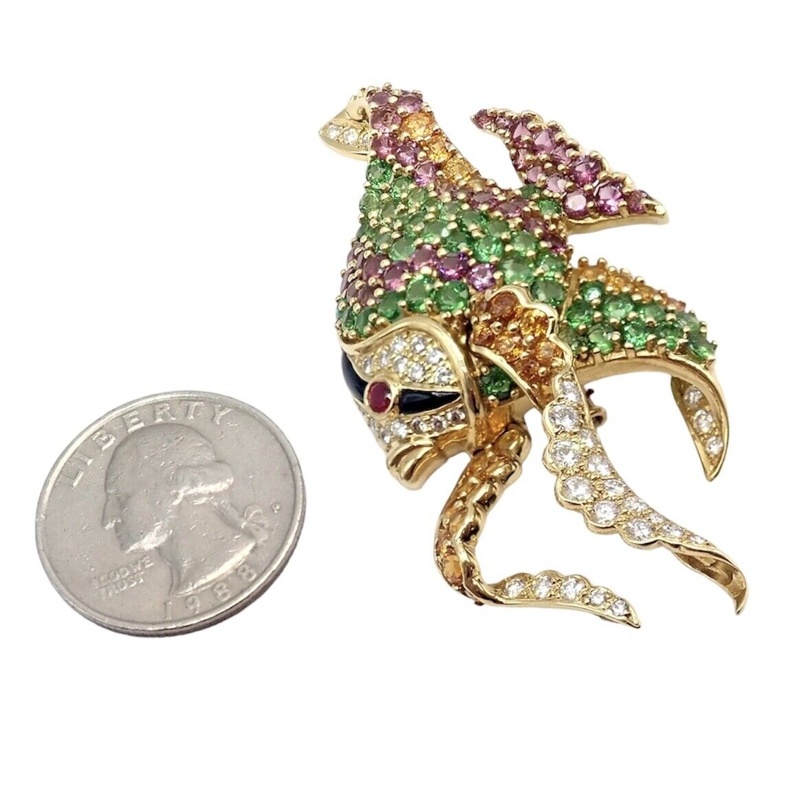 Authentic! Rare Jean Vitau 18k Yellow Gold Diamond Color Stone Angel Fish Brooch | Fortrove