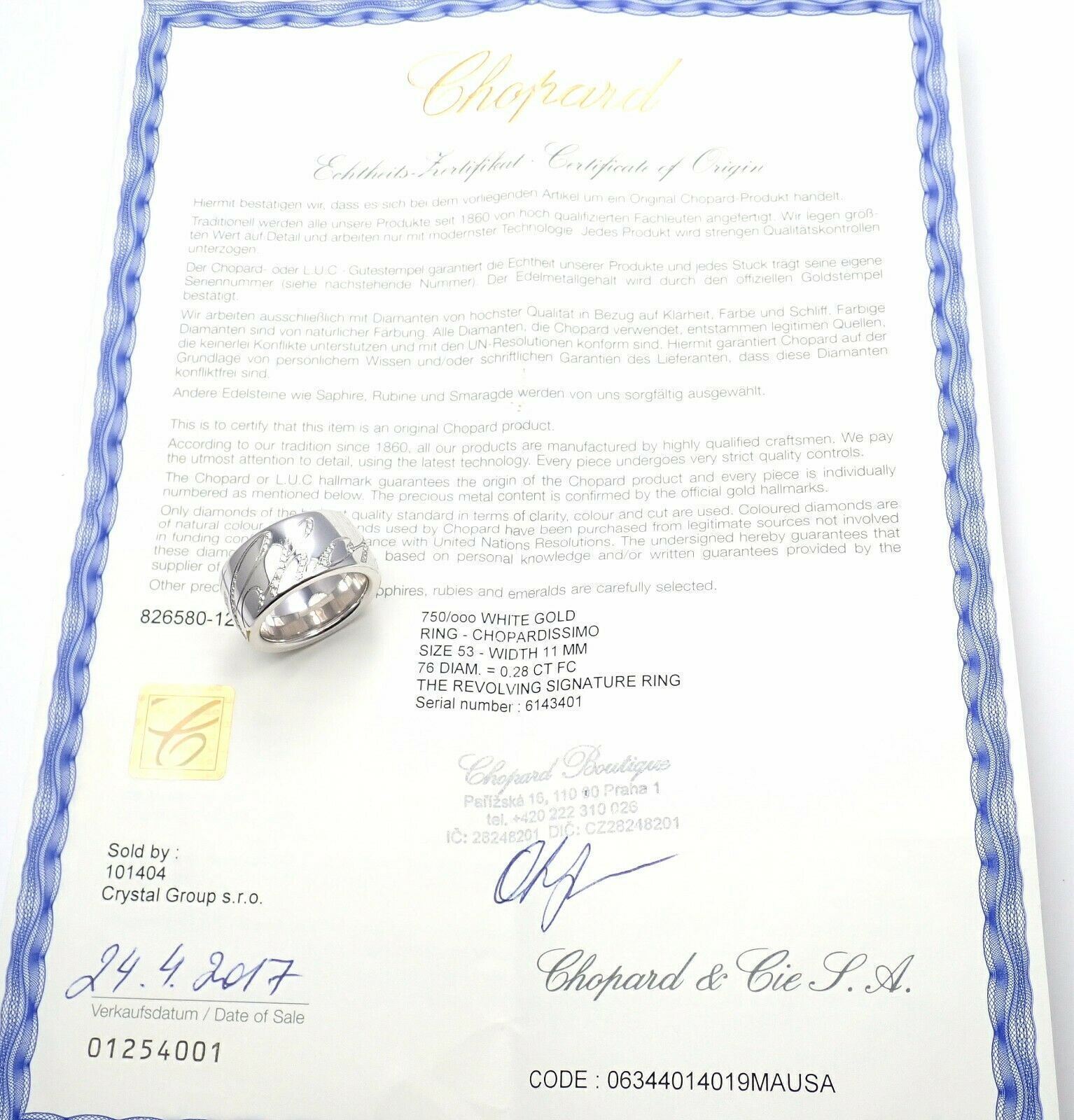 Chopard Chopardissimo 18k White Gold Diamond Signature Band Ring Size 6 Cert | Fortrove