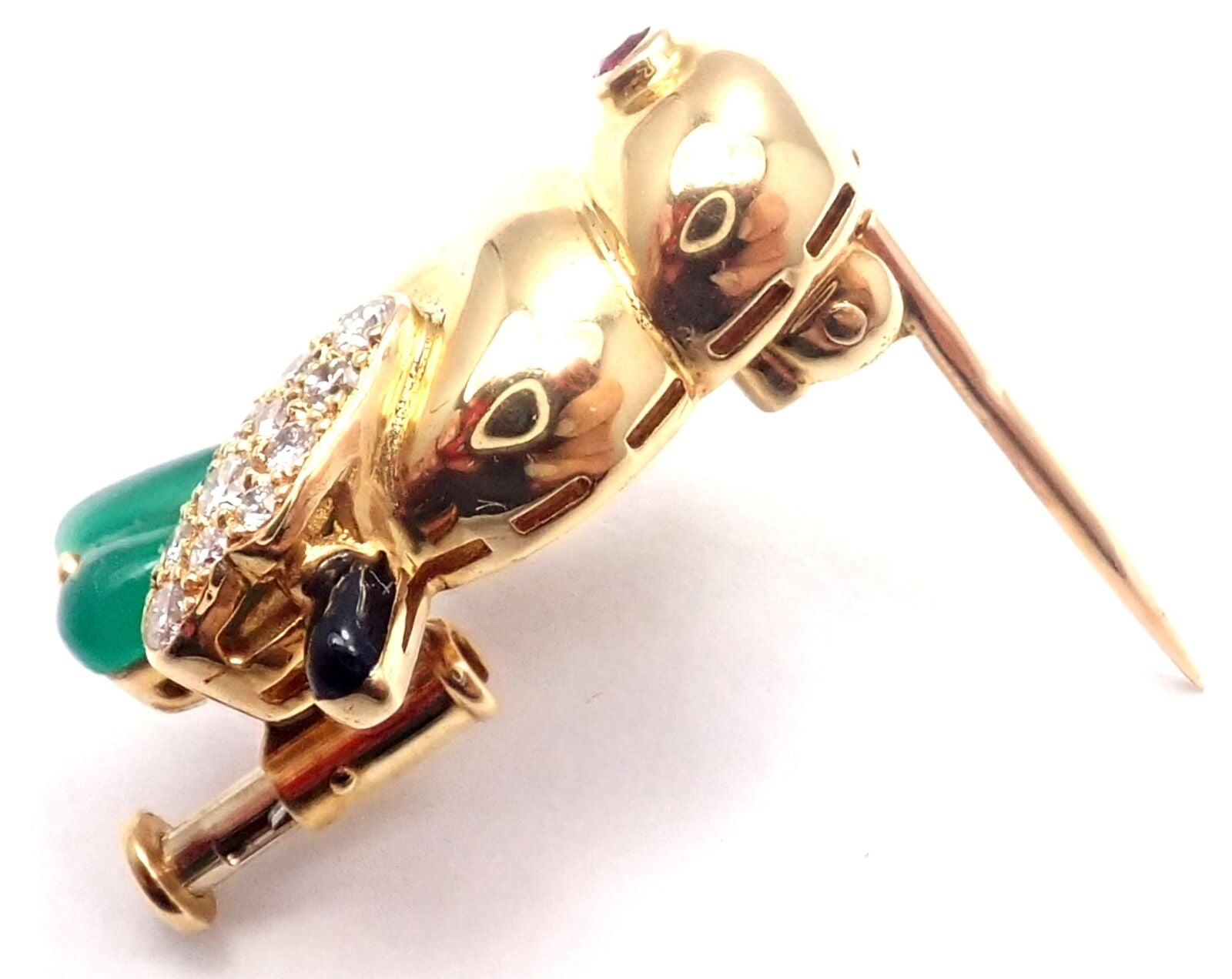 Authentic! Cartier 18k Yellow Gold Diamond Onyx Ruby Chalcedony Bird Pin Brooch | Fortrove