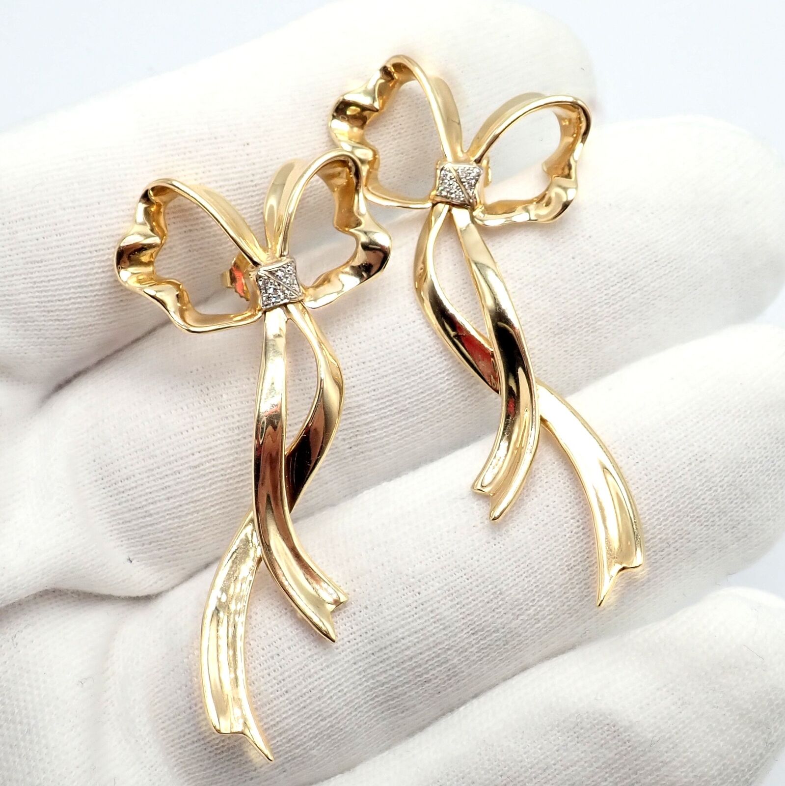 Authentic Tiffany & Co 18k Yellow Gold Diamond Large Ribbon Bow Earrings 1985 | Fortrove
