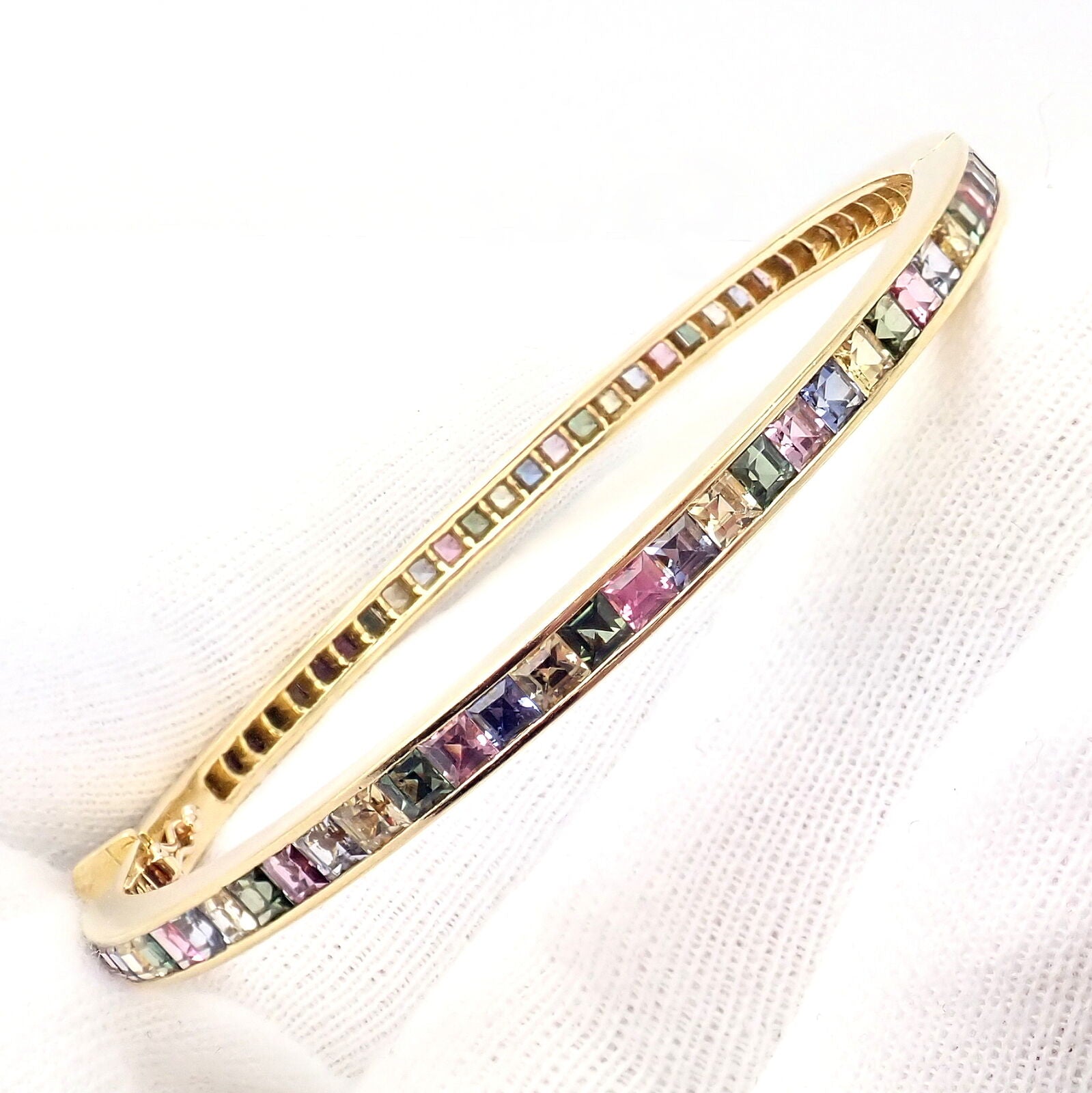 Authentic! Julius Cohen 18k Yellow Gold Diamond Pastel Color Stone Cuff Bracelet | Fortrove